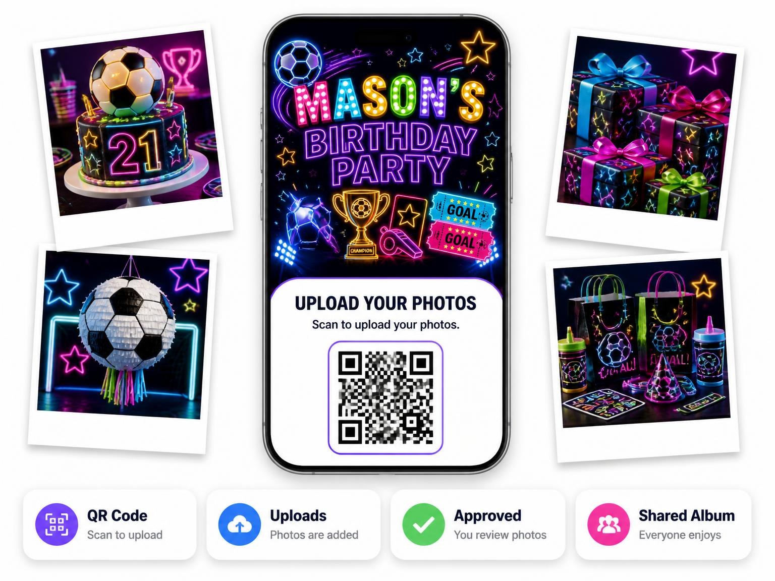 The shared photo gallery that comes with the Neon Soccer 21st Birthday Invitation invitation