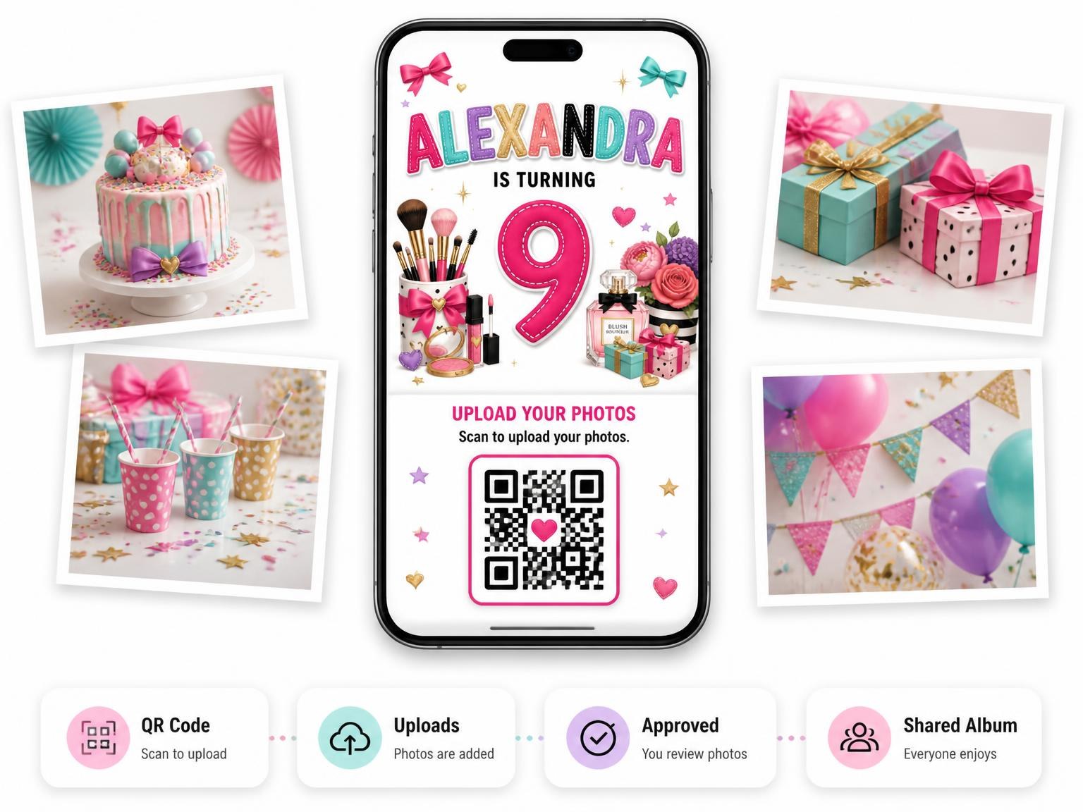 The shared photo gallery that comes with the Perfume Stitched 9th Birthday Invitation invitation