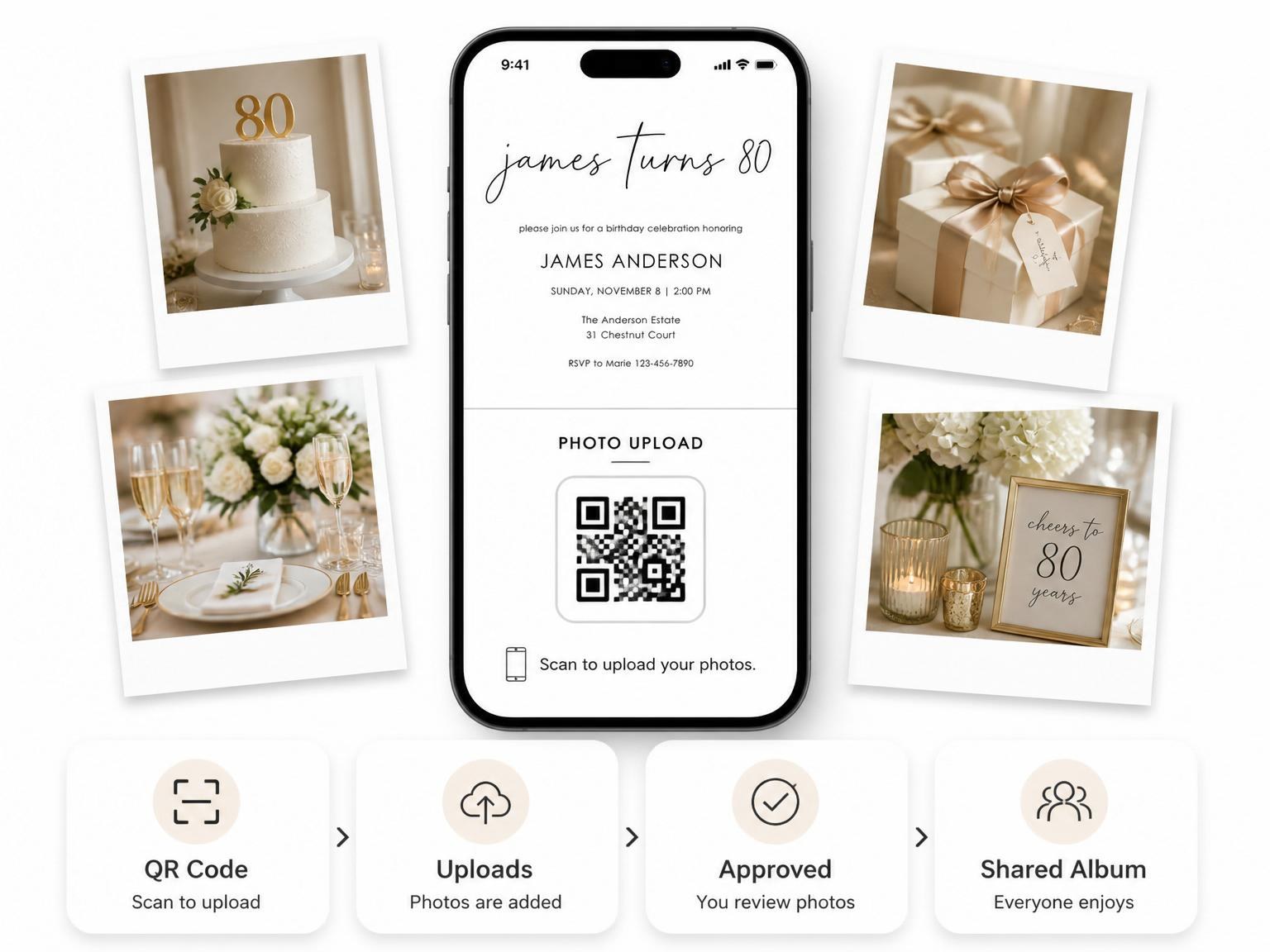 The shared photo gallery that comes with the Monochrome Script Minimalist 80th Birthday invitation