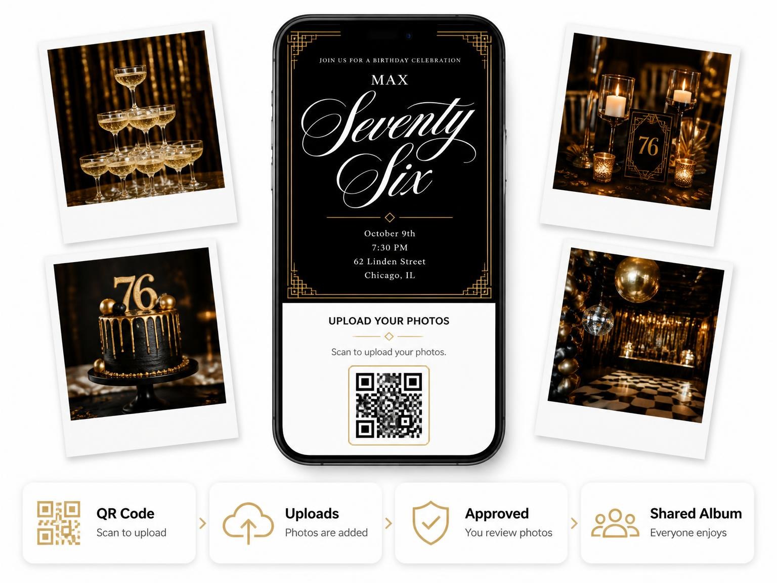 The shared photo gallery that comes with the Art Deco 76th Birthday Invitation invitation