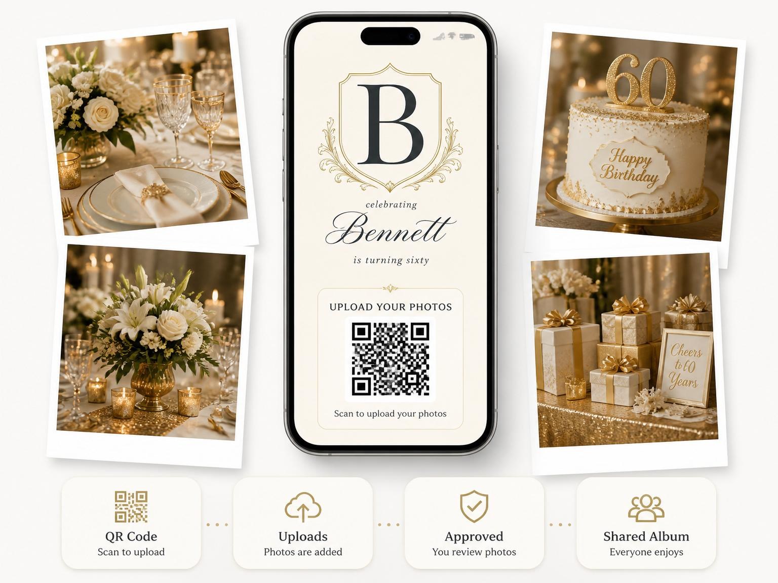 The shared photo gallery that comes with the Gold Crest Monogram 60th Birthday invitation