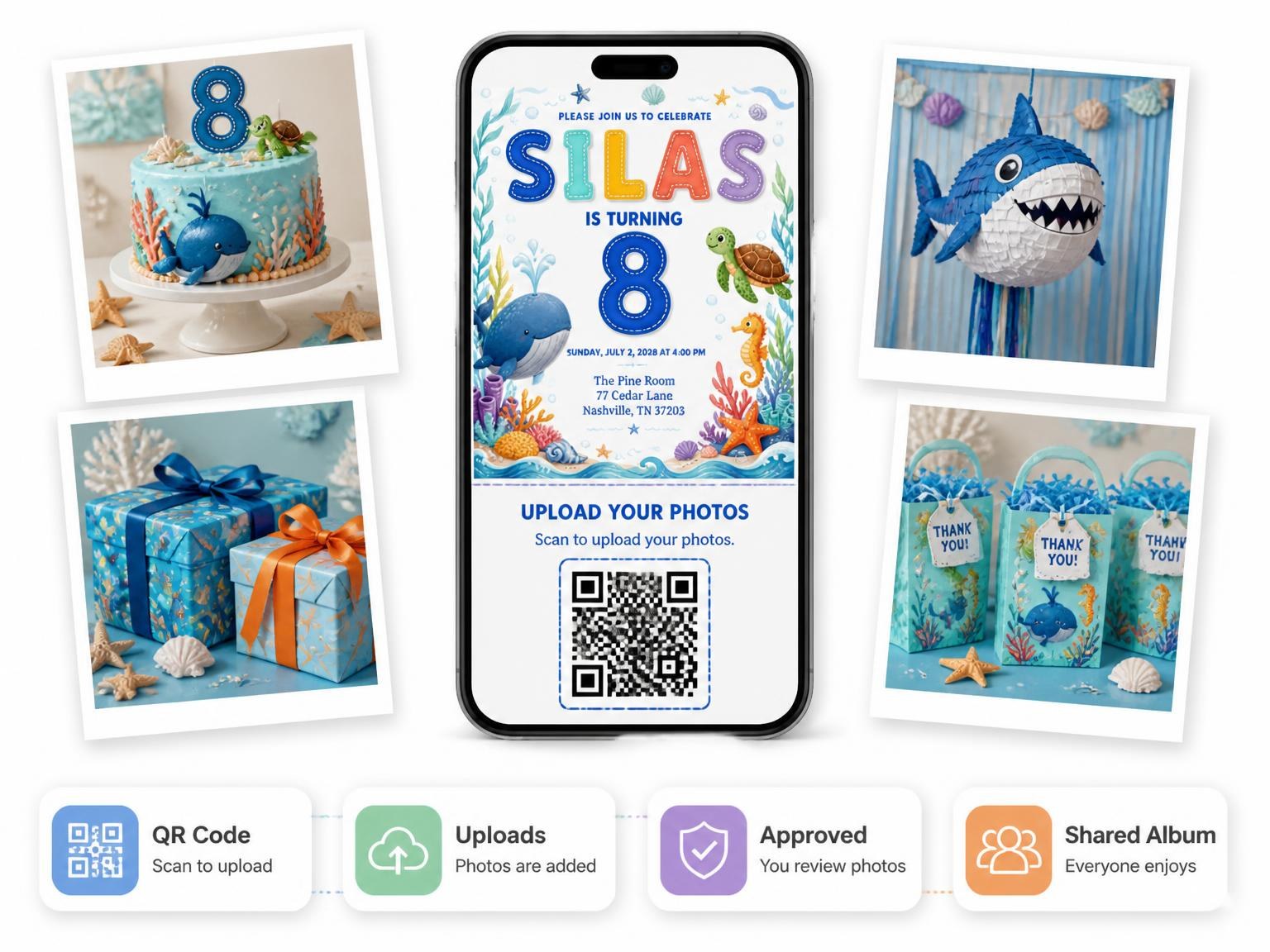 The shared photo gallery that comes with the Stitched Under the Sea 8th Birthday Invitation invitation