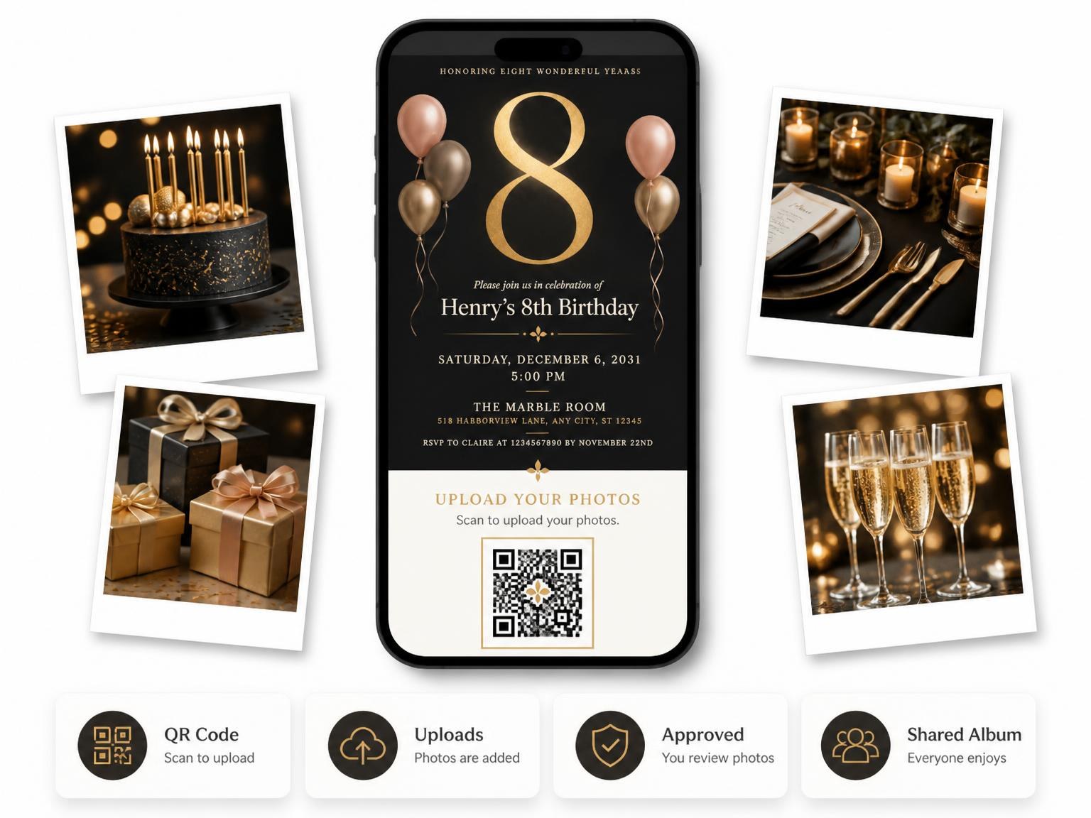 The shared photo gallery that comes with the Charcoal and Blush 8th Birthday Invitation invitation