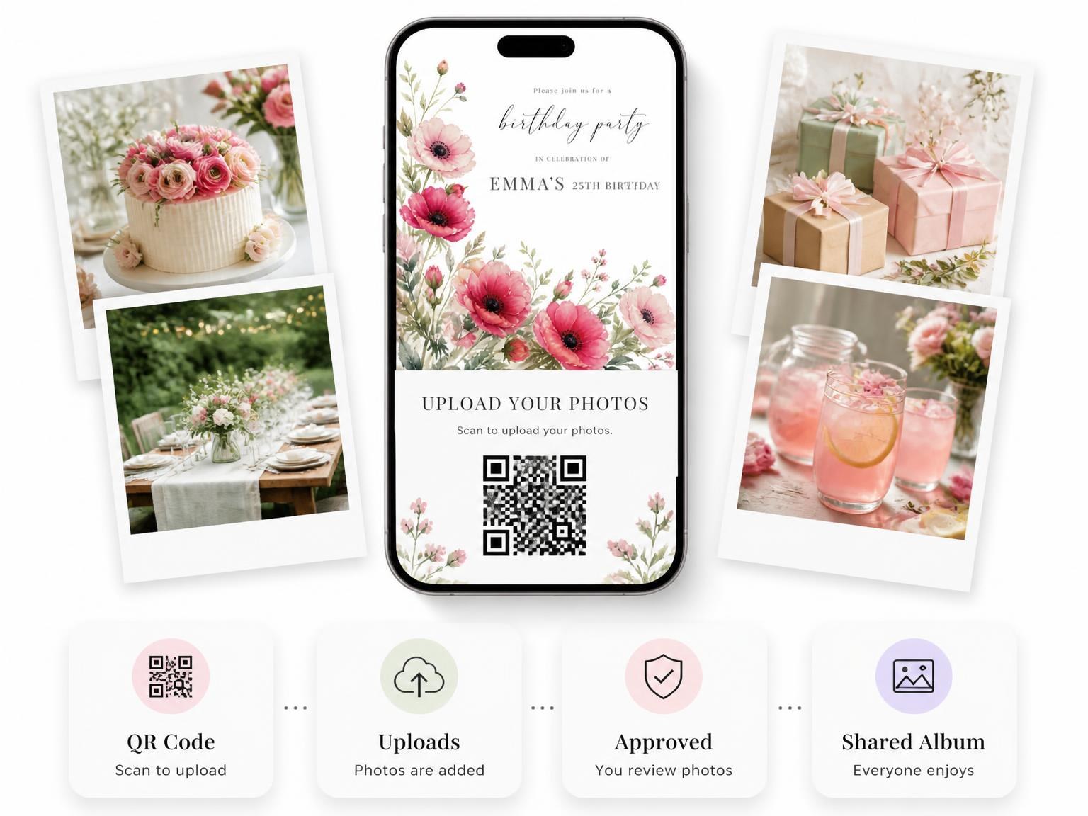 The shared photo gallery that comes with the Fuchsia Anemones Greenery 25th Birthday Invitation invitation