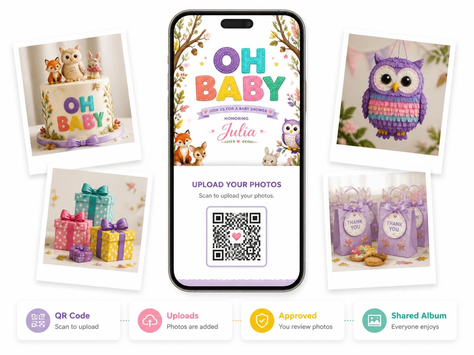 The shared photo gallery that comes with the Woodland Animals Baby Shower Invitation invitation