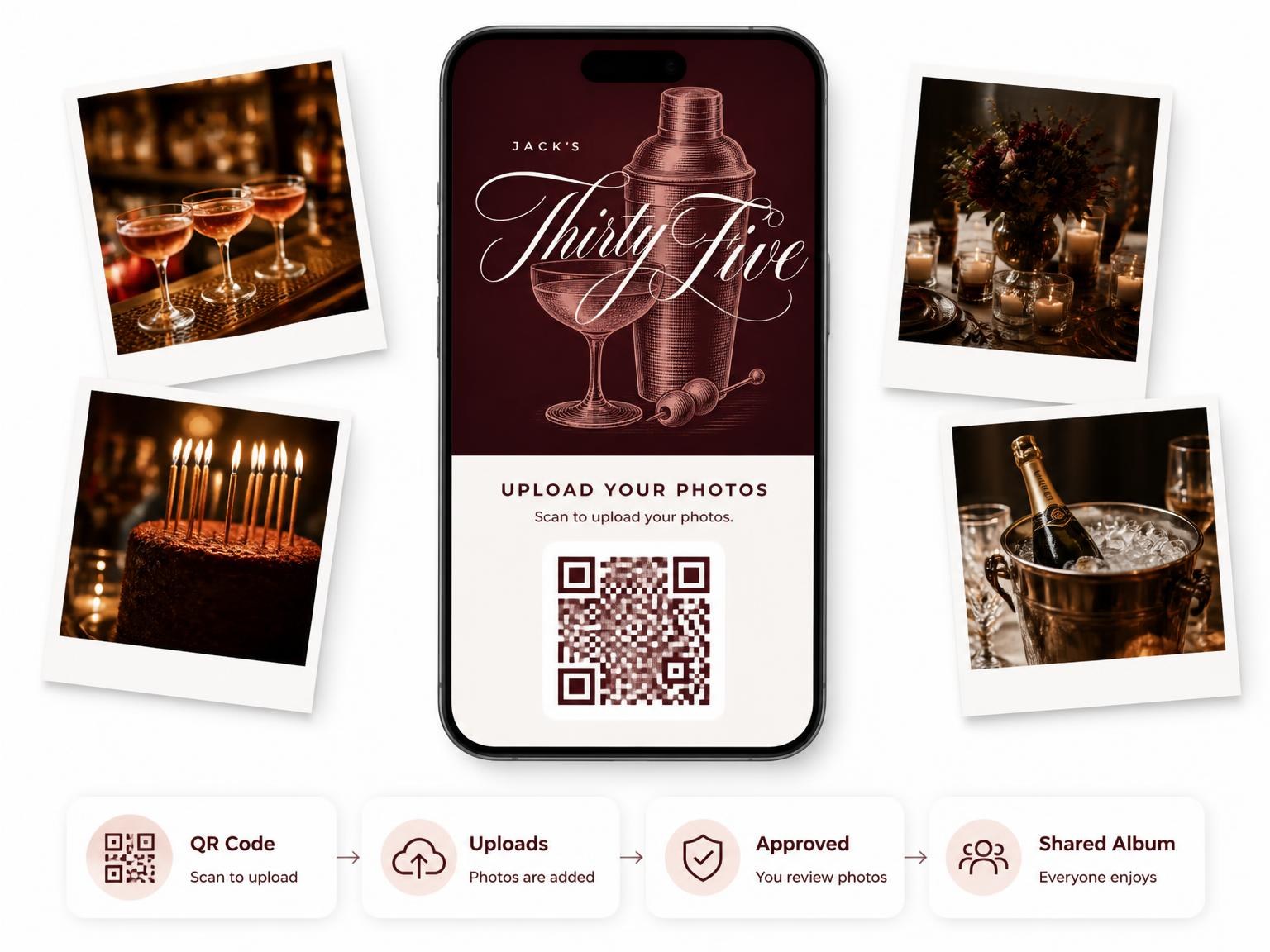 The shared photo gallery that comes with the Burgundy Cocktail 35th Birthday Invitation invitation