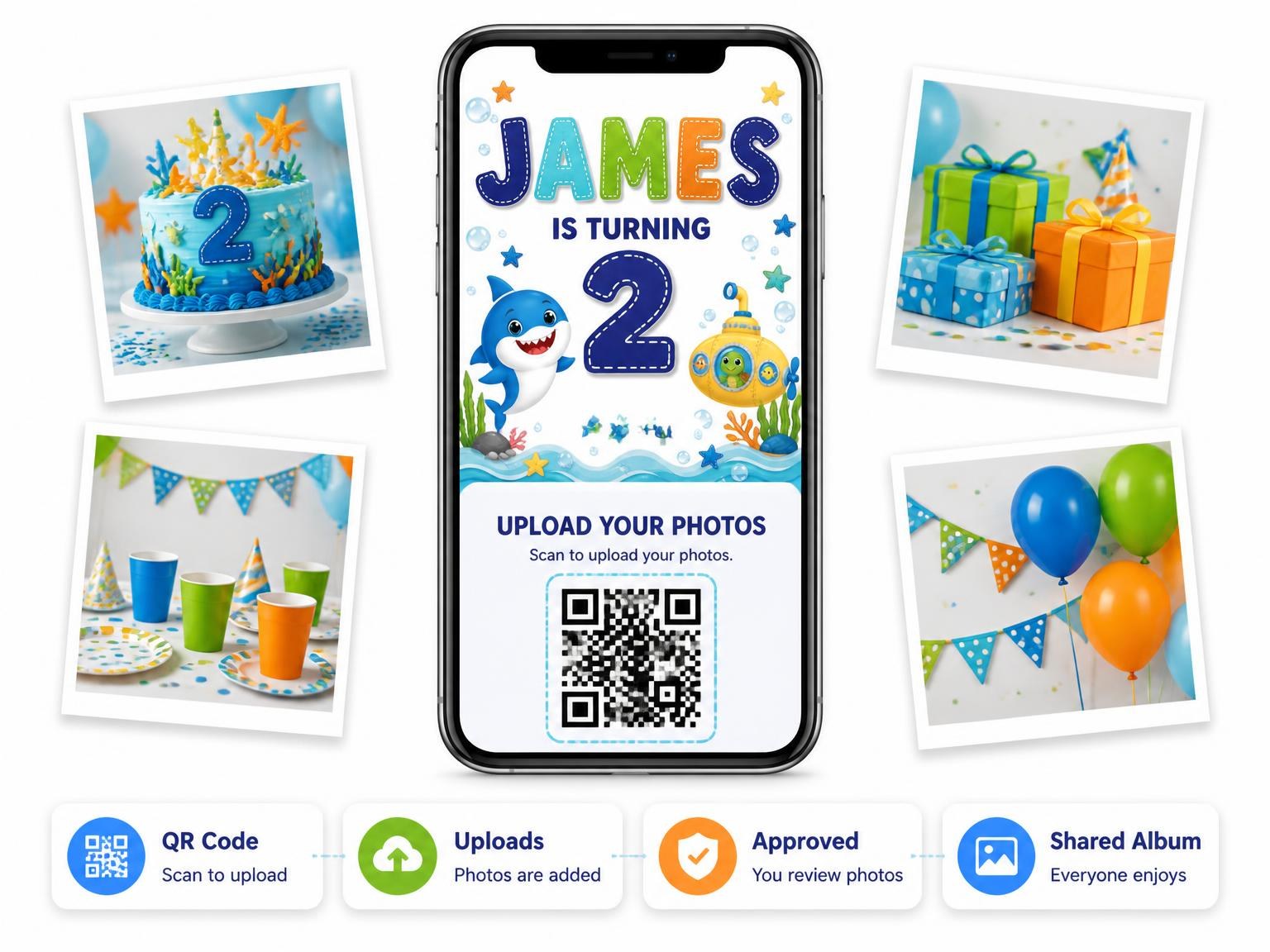 The shared photo gallery that comes with the Yellow Submarine 2nd Birthday Invitation invitation