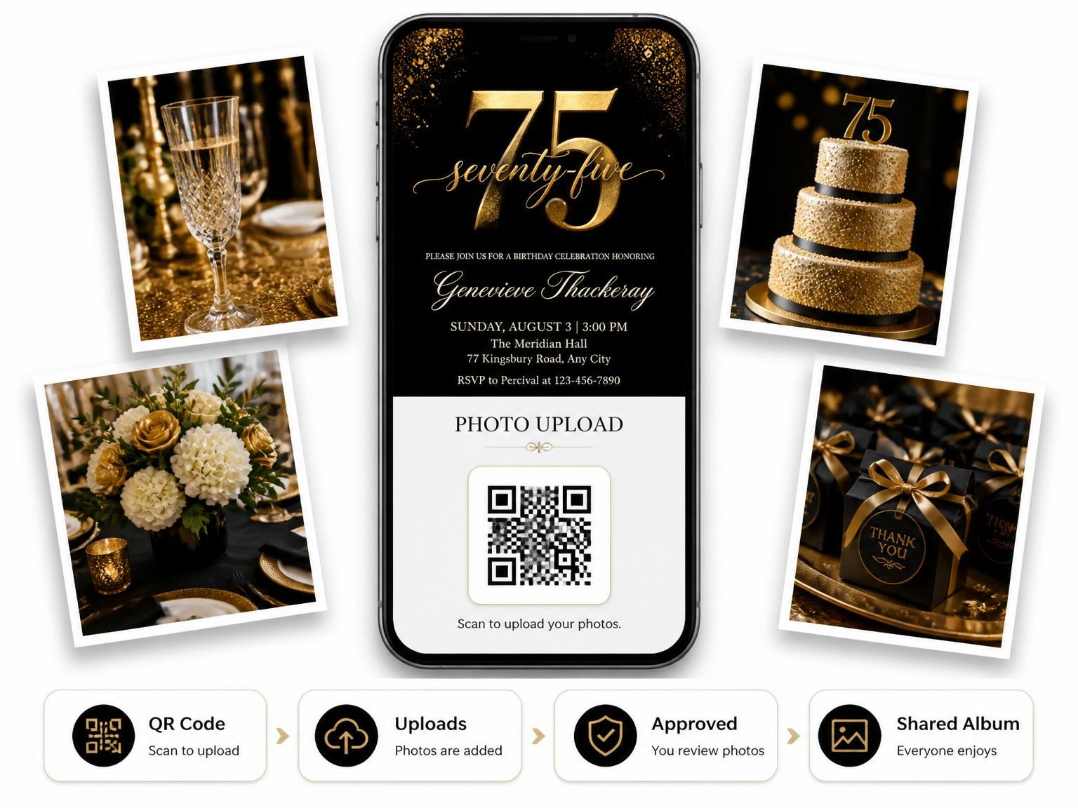 The shared photo gallery that comes with the Elegant Gold 75th Birthday Invitation invitation