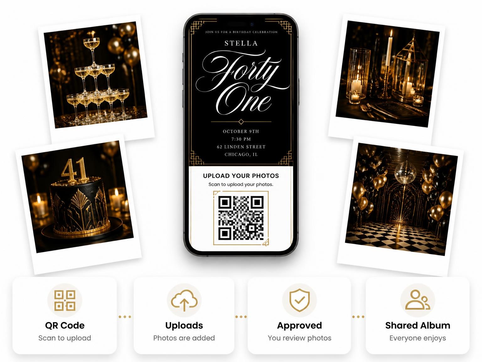 The shared photo gallery that comes with the Art Deco 41st Birthday Invitation invitation