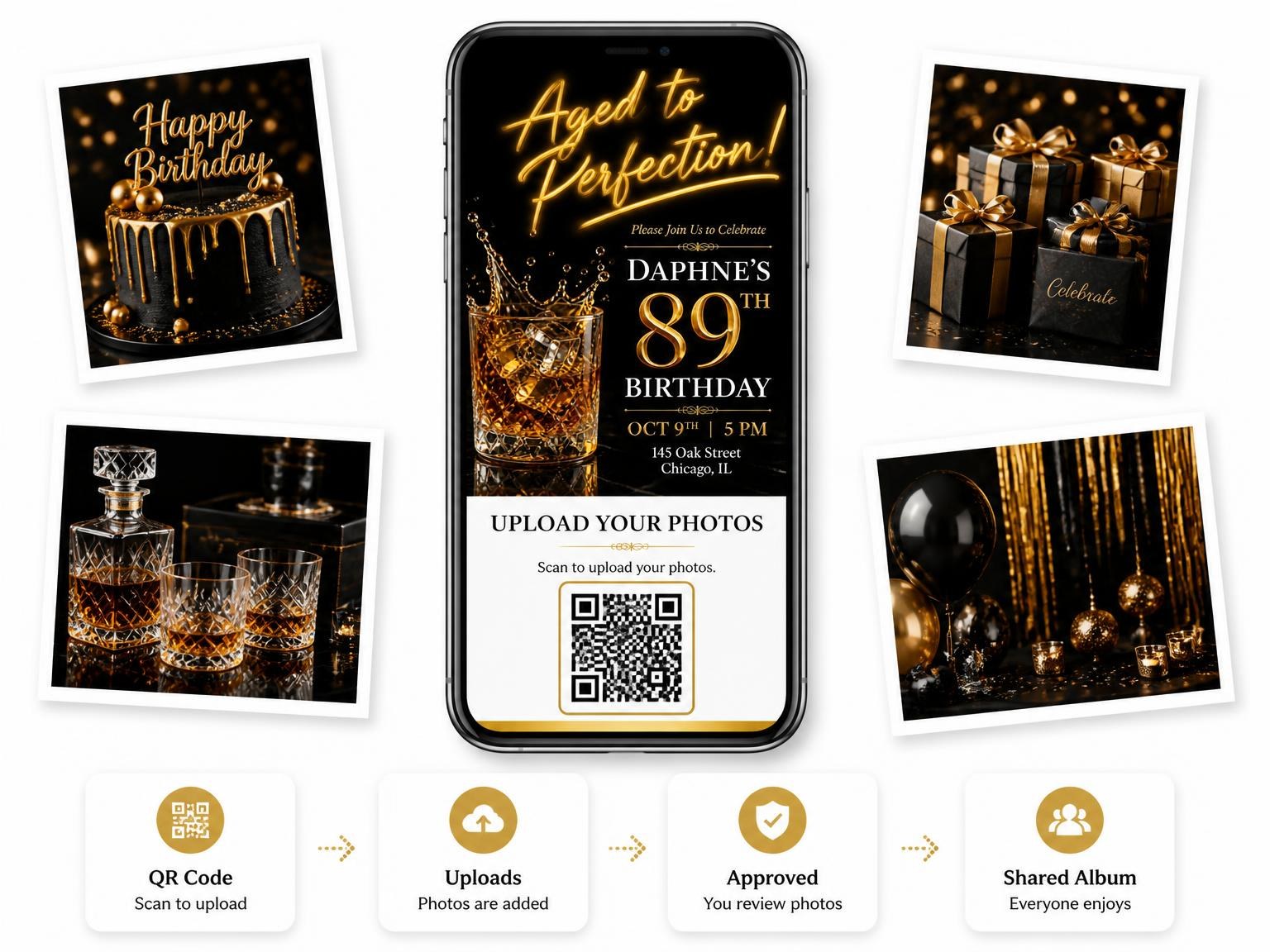 The shared photo gallery that comes with the Crystal Whiskey 89th Birthday Invitation invitation