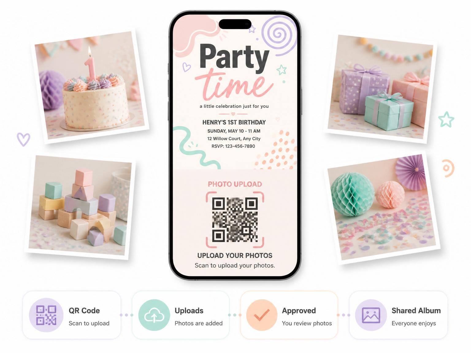 The shared photo gallery that comes with the Pastel Memphis Geometric 1st Birthday invitation
