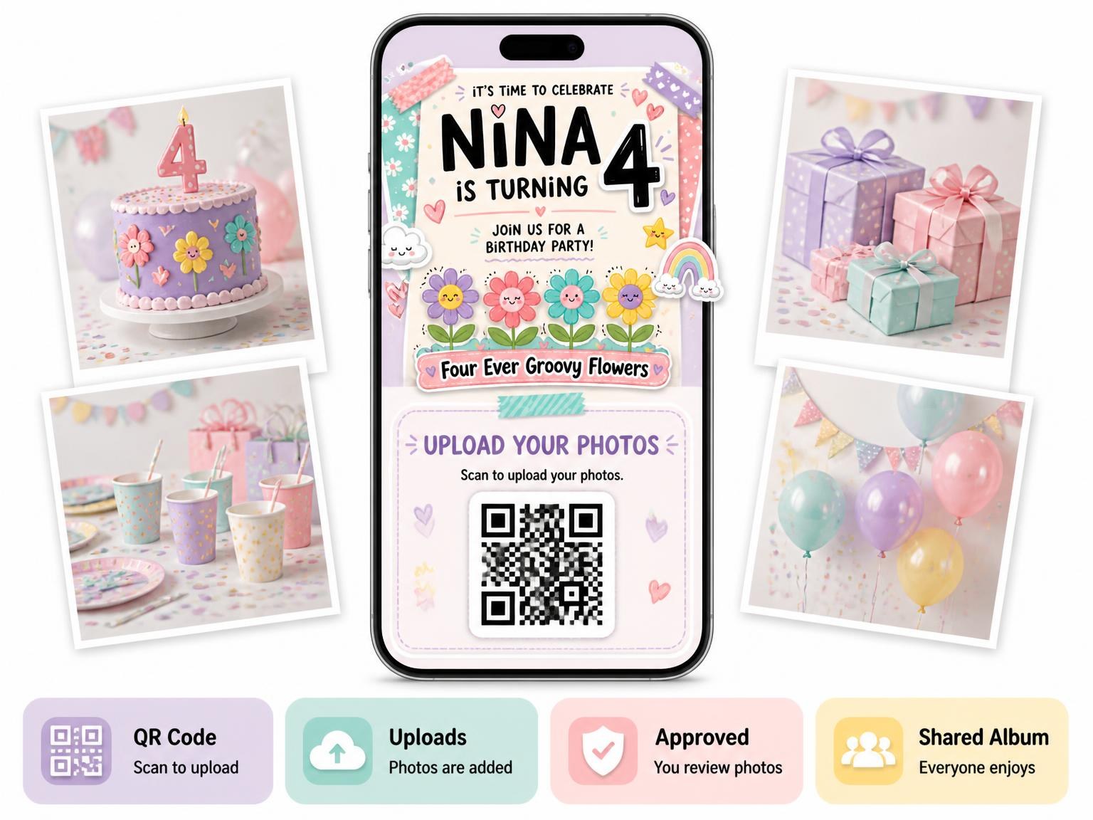 The shared photo gallery that comes with the Groovy Floral 4th Birthday Invitation invitation