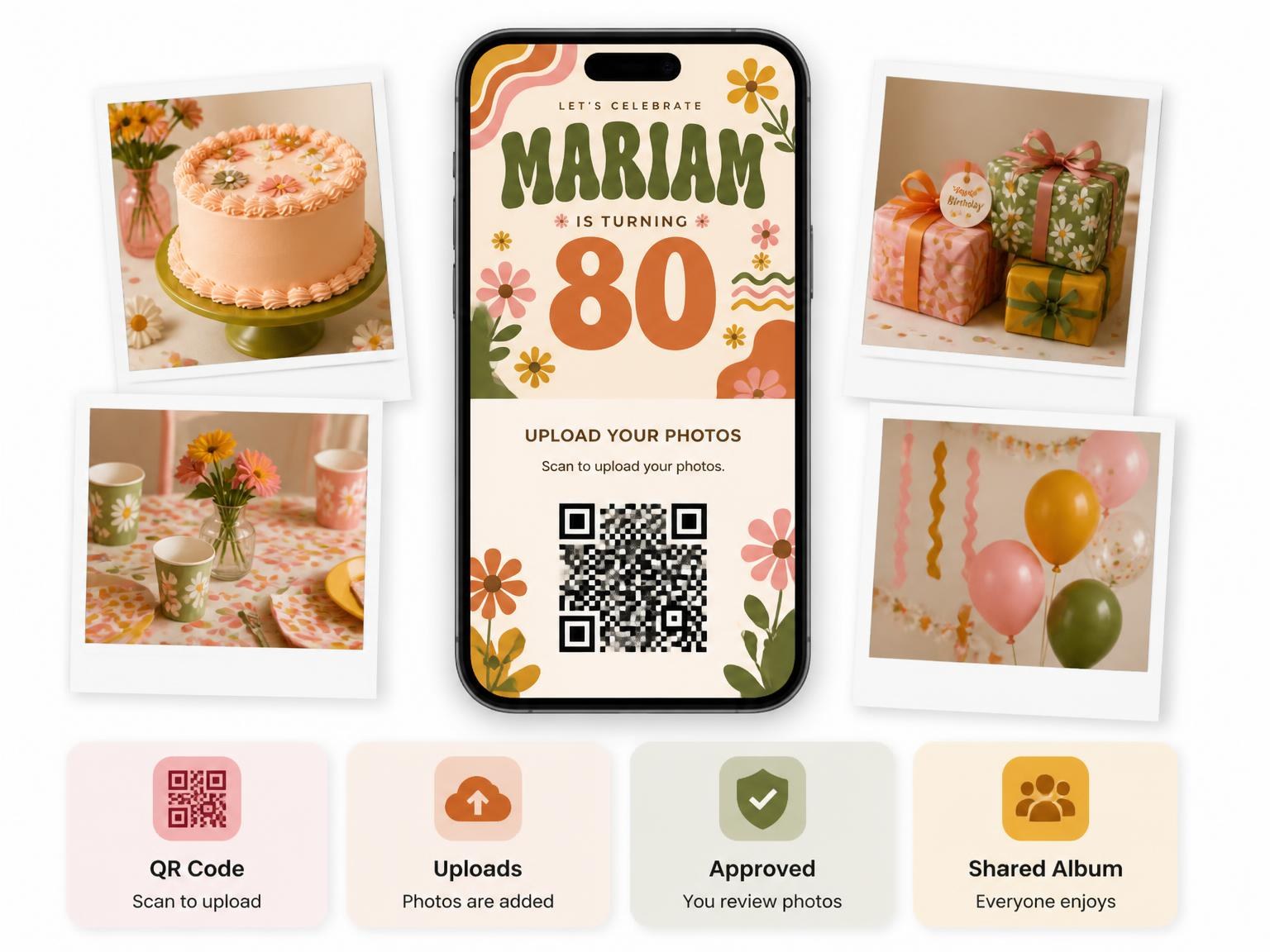 The shared photo gallery that comes with the Groovy Retro 80th Birthday Invitation invitation