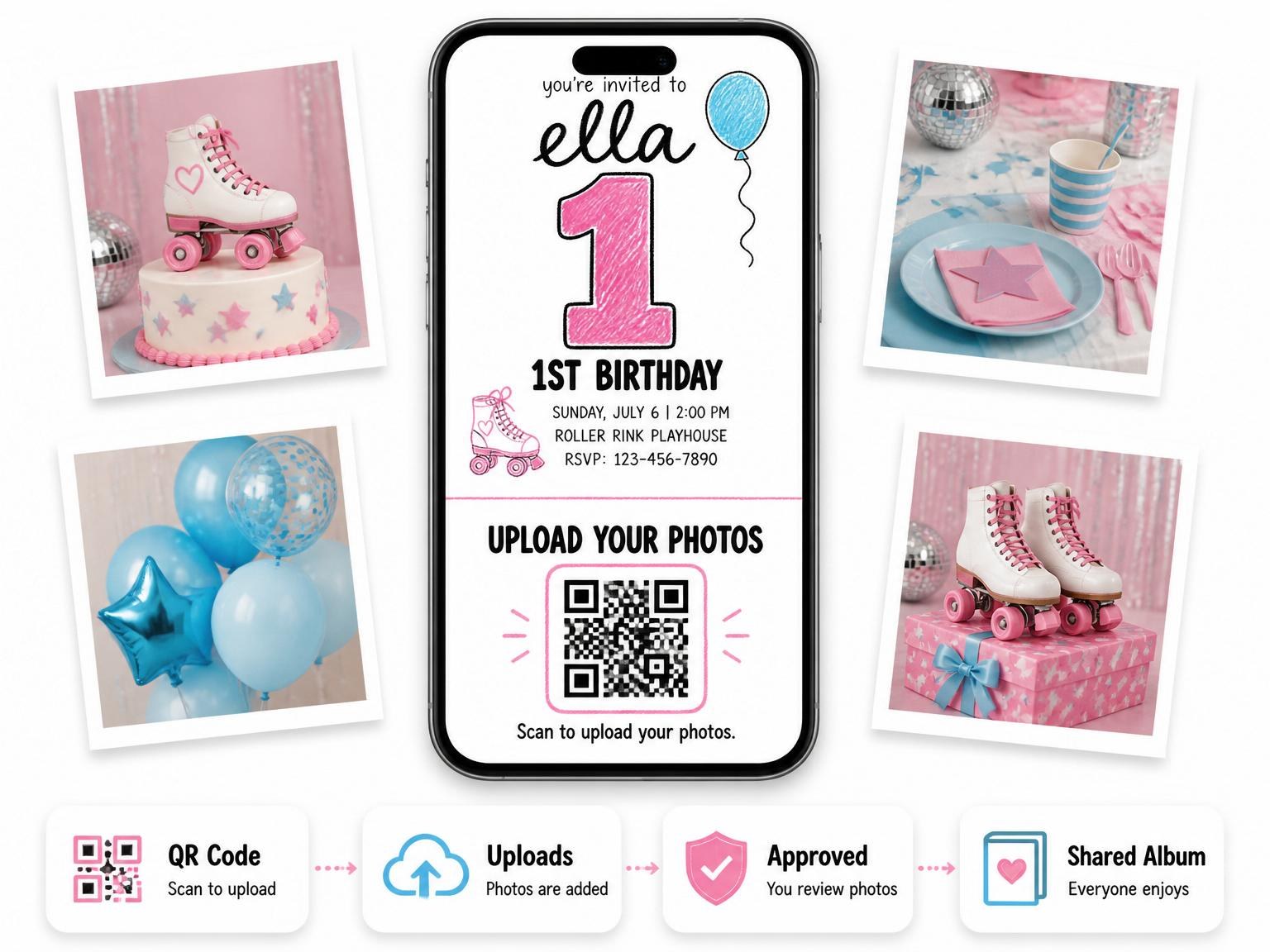 The shared photo gallery that comes with the Pink Crayon Roller Skate 1st Birthday invitation