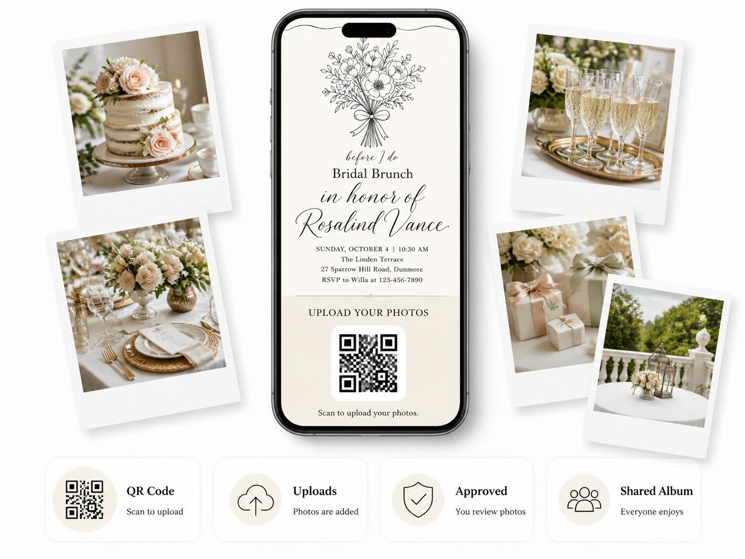 The shared photo gallery that comes with the Minimalist Black Line-Art Bridal Brunch invitation