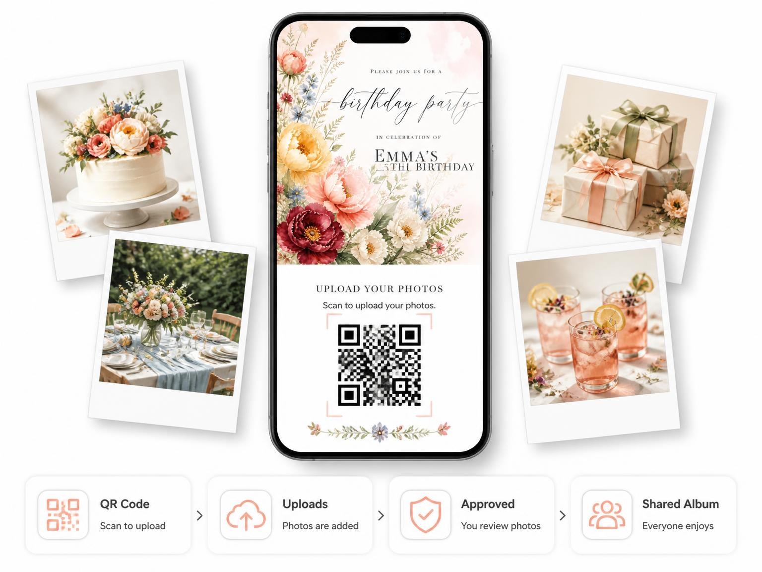 The shared photo gallery that comes with the Botanical Golden 25th Birthday Invitation invitation
