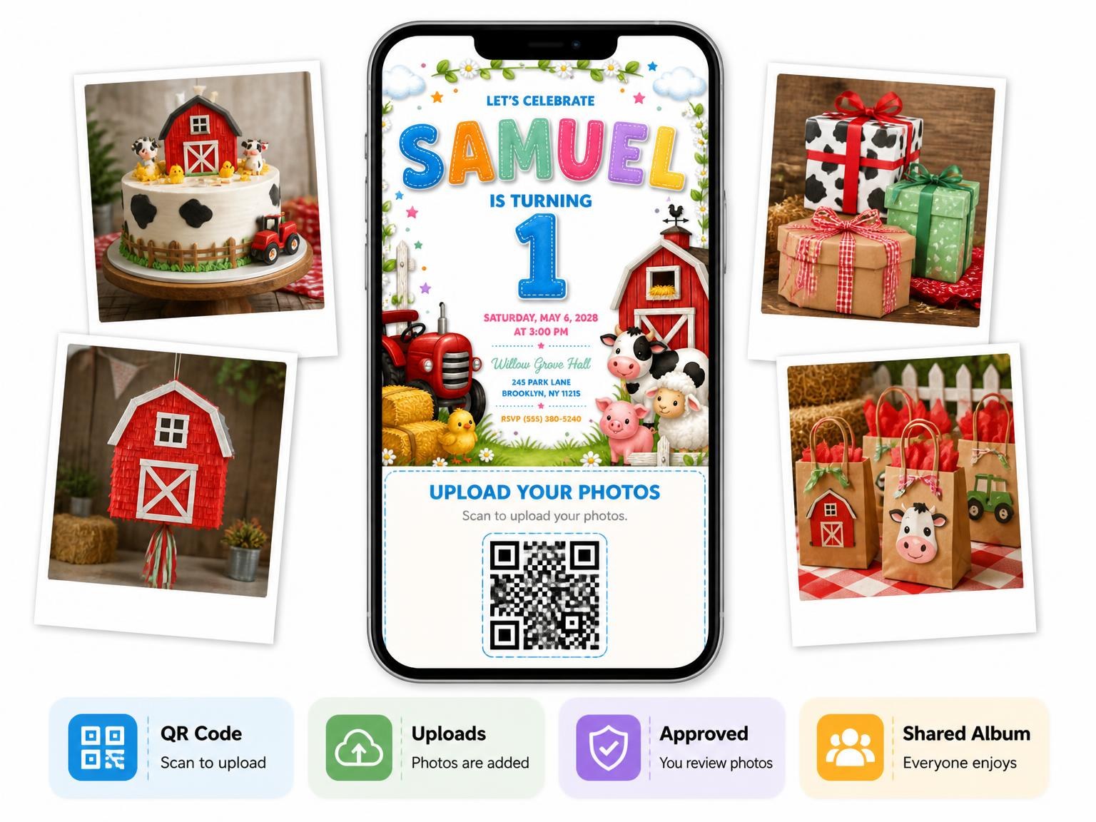 The shared photo gallery that comes with the Stitched Farm 1st Birthday Invitation invitation