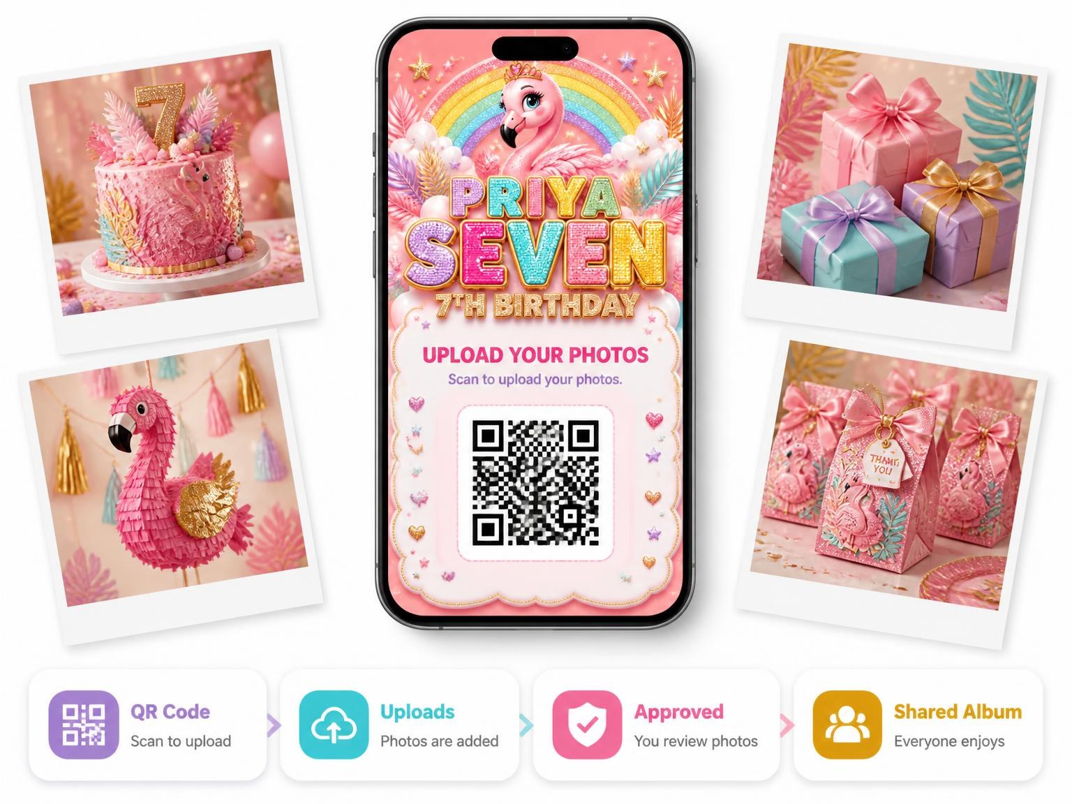 The shared photo gallery that comes with the Glitter Flamingo 7th Birthday Invitation invitation