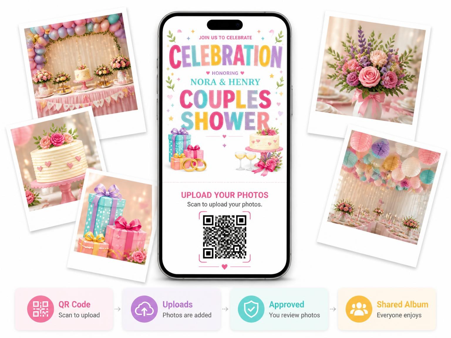 The shared photo gallery that comes with the Gift Boxes And Rings Couples Shower Invitation invitation