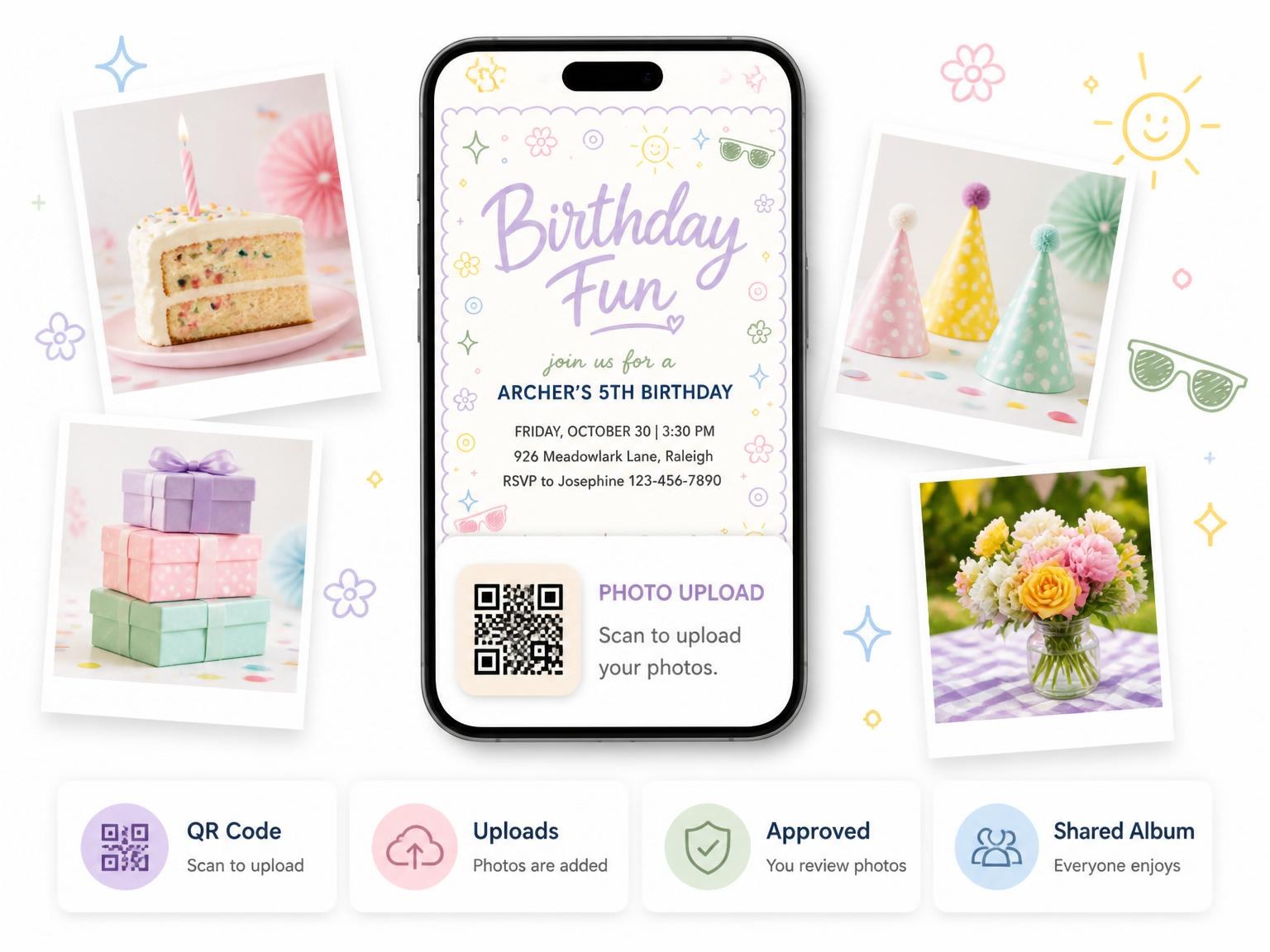 The shared photo gallery that comes with the Pastel Doodle Motif 5th Birthday invitation