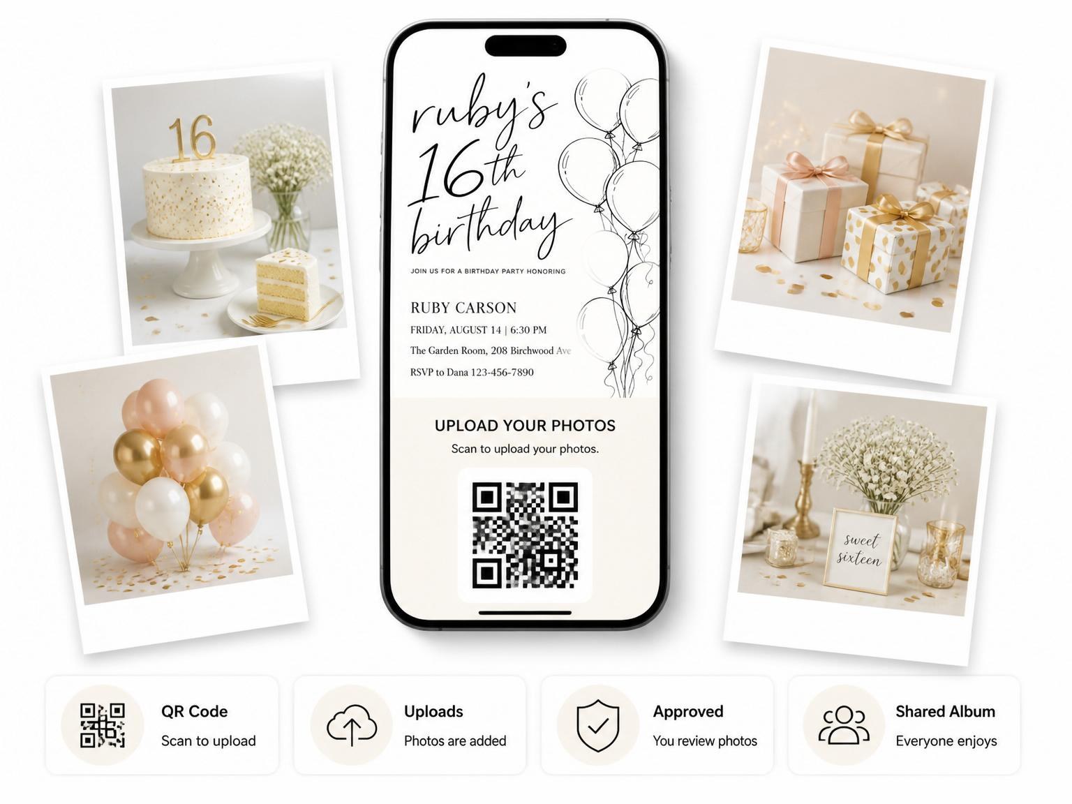 The shared photo gallery that comes with the Cream Line-Art Balloon 16th Birthday Invitation invitation