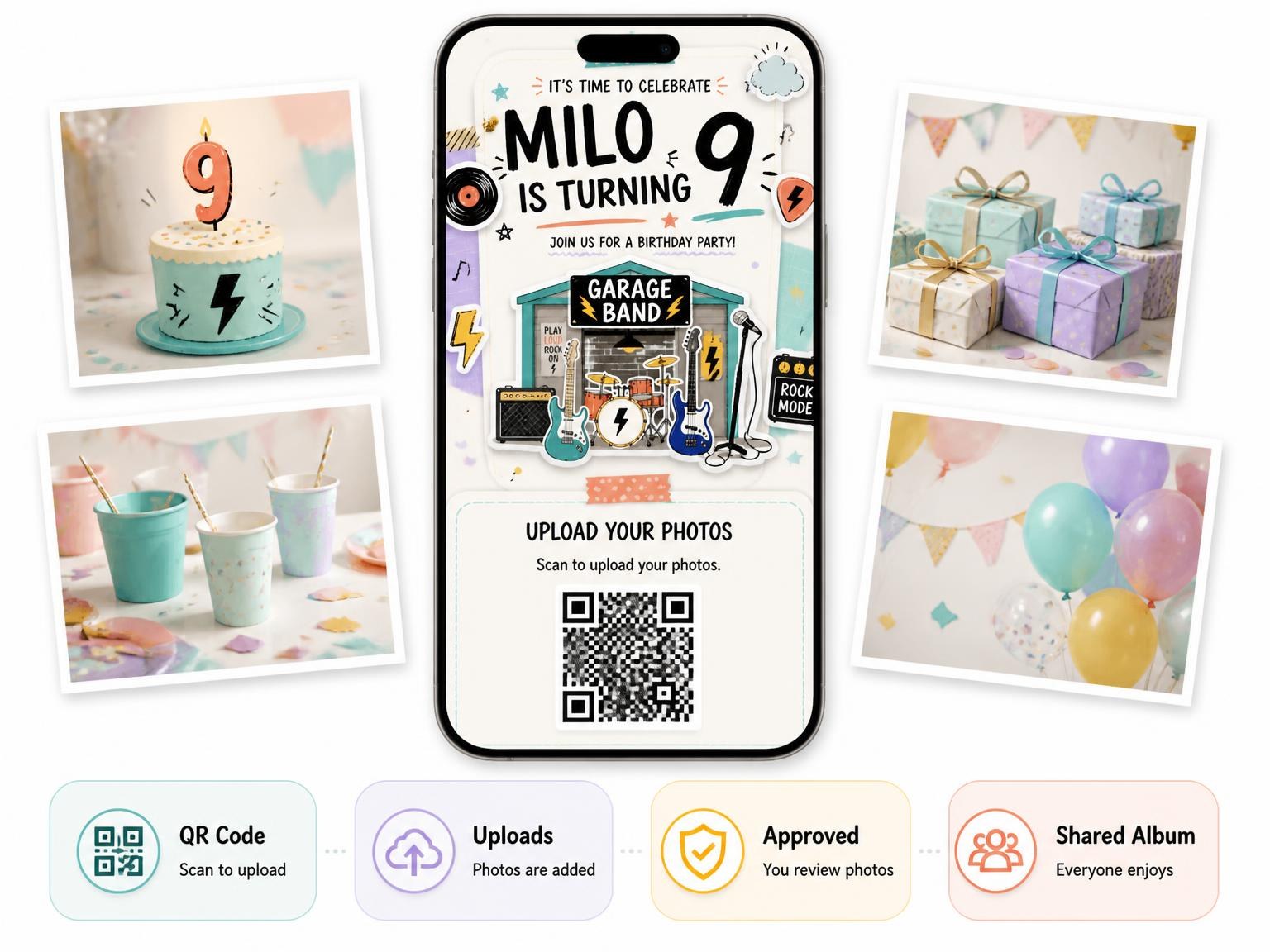 The shared photo gallery that comes with the Garage Band Pastel 9th Birthday Invitation invitation