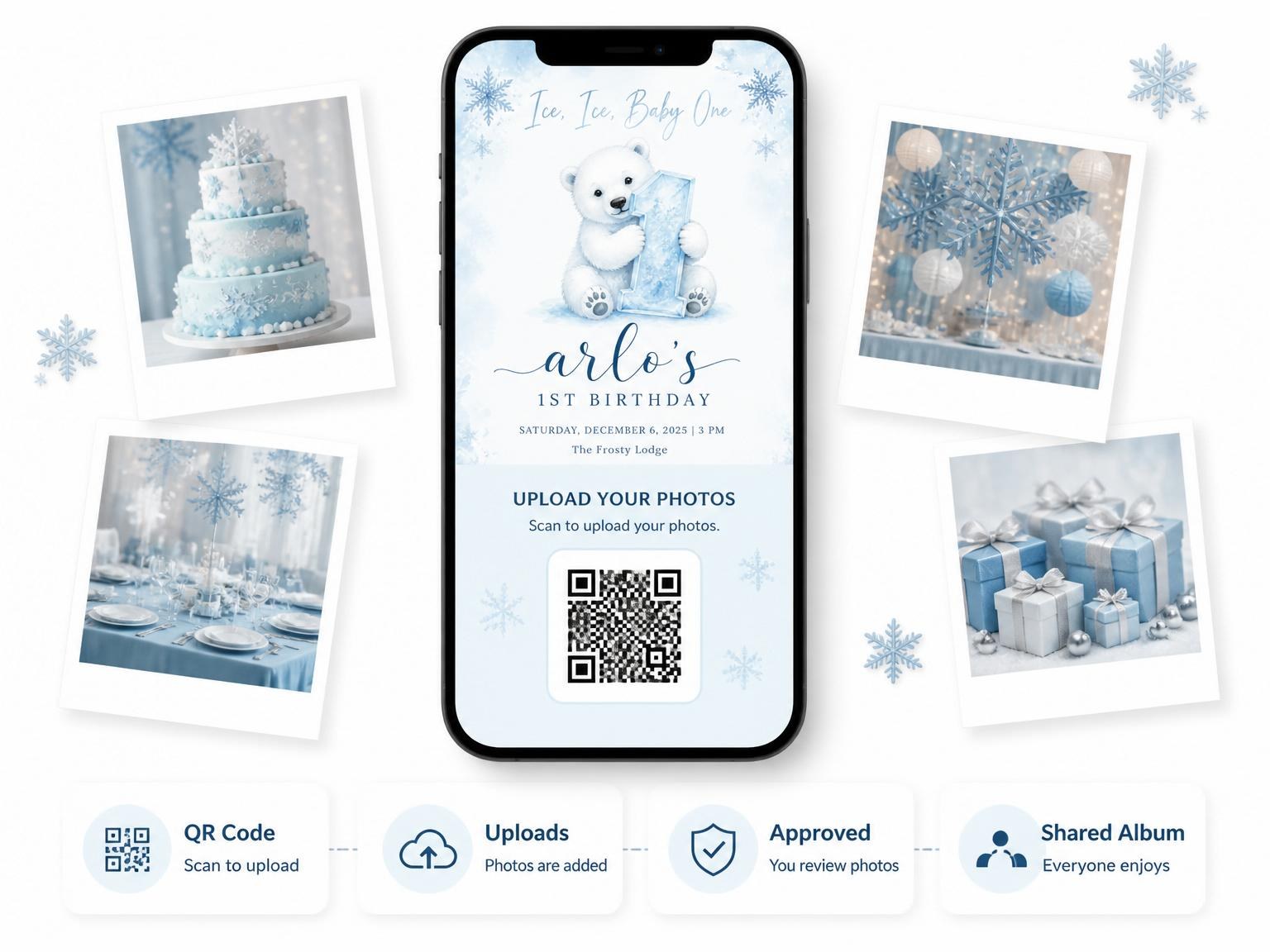 The shared photo gallery that comes with the Blue Watercolor Polar Bear 1st Birthday invitation