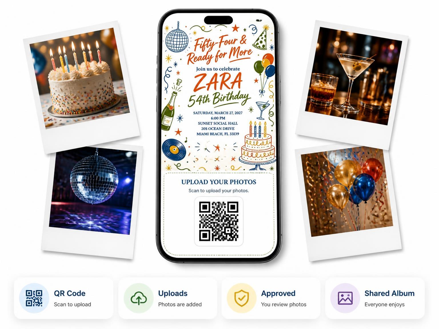 The shared photo gallery that comes with the Retro Doodle 54th Birthday Invitation invitation