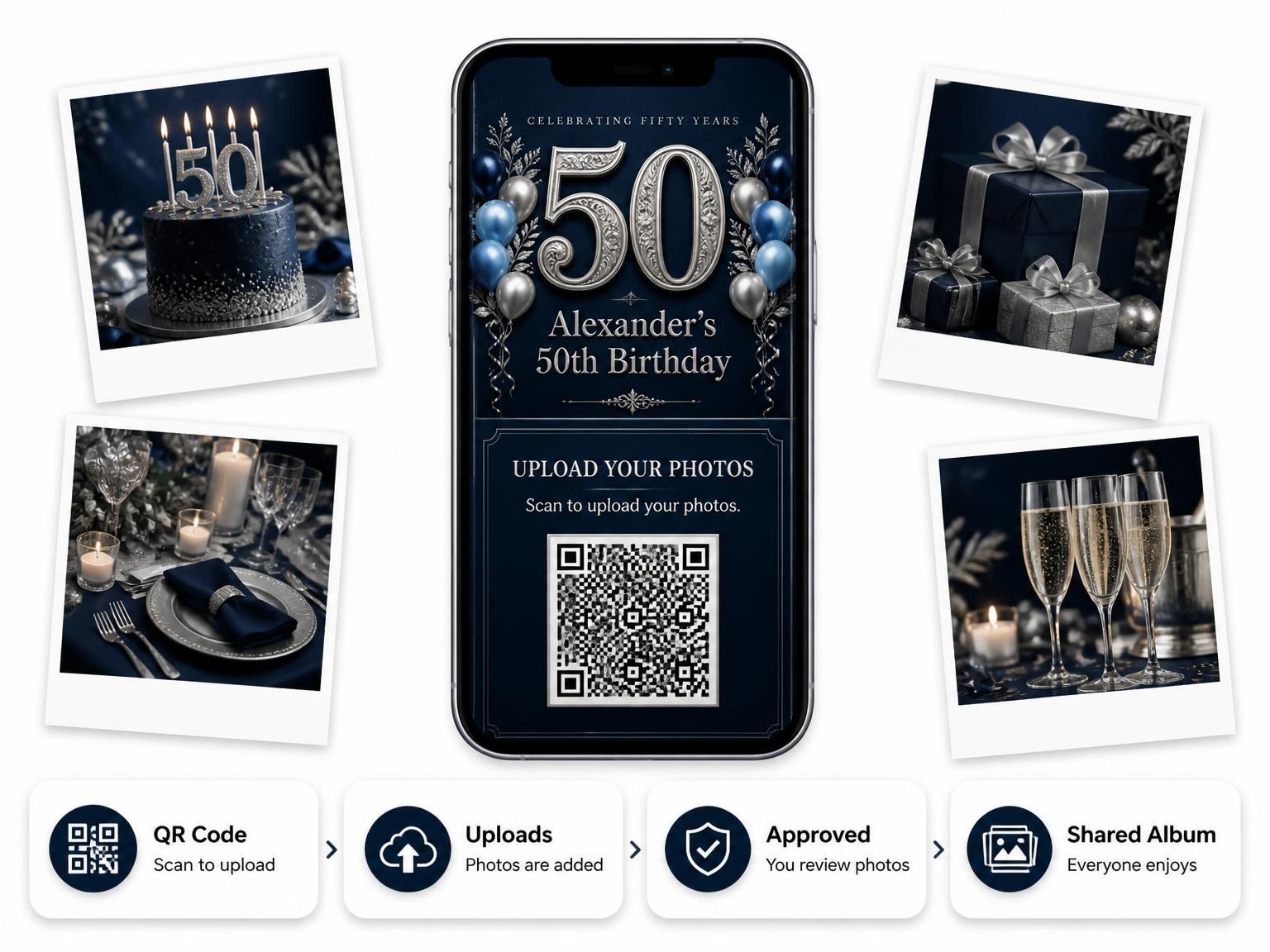 The shared photo gallery that comes with the Navy Silver Embossed 50th Birthday Invitation invitation