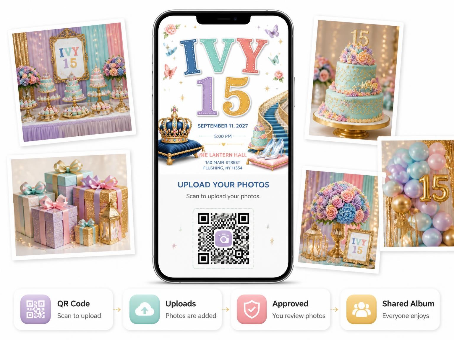 The shared photo gallery that comes with the Royal Crown 15th Birthday Party Invitation invitation