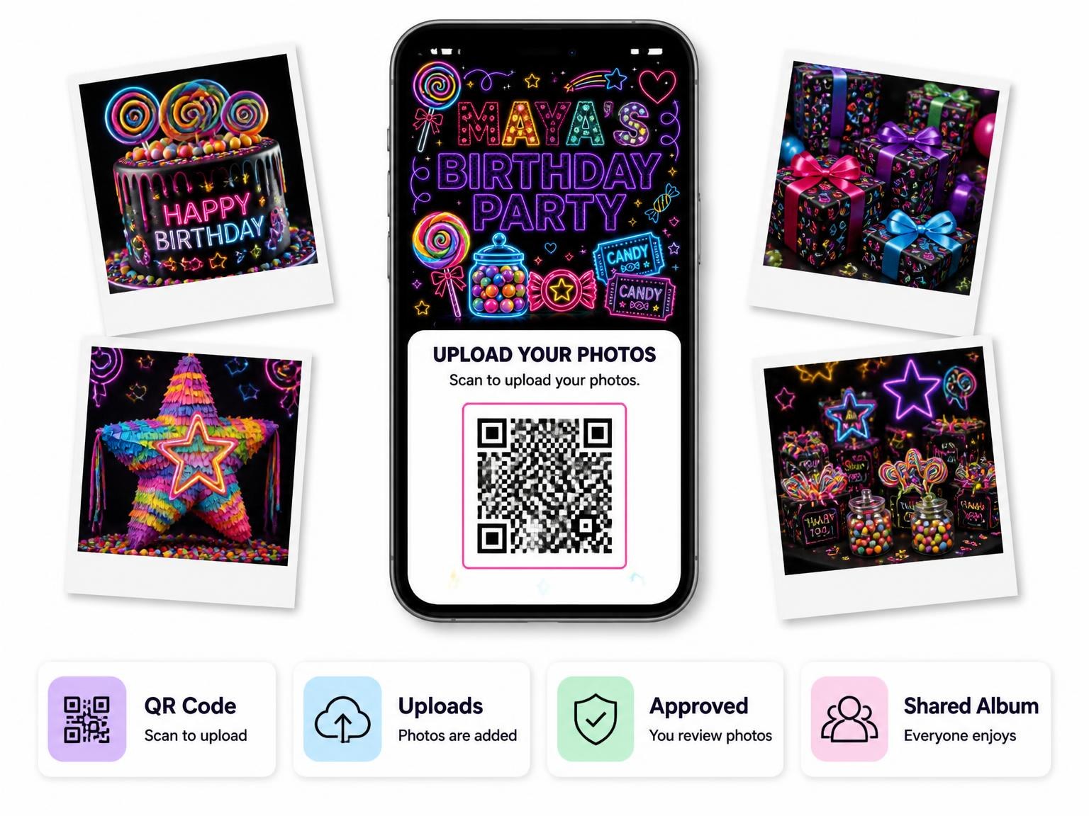 The shared photo gallery that comes with the Neon Candy 8th Birthday Invitation invitation