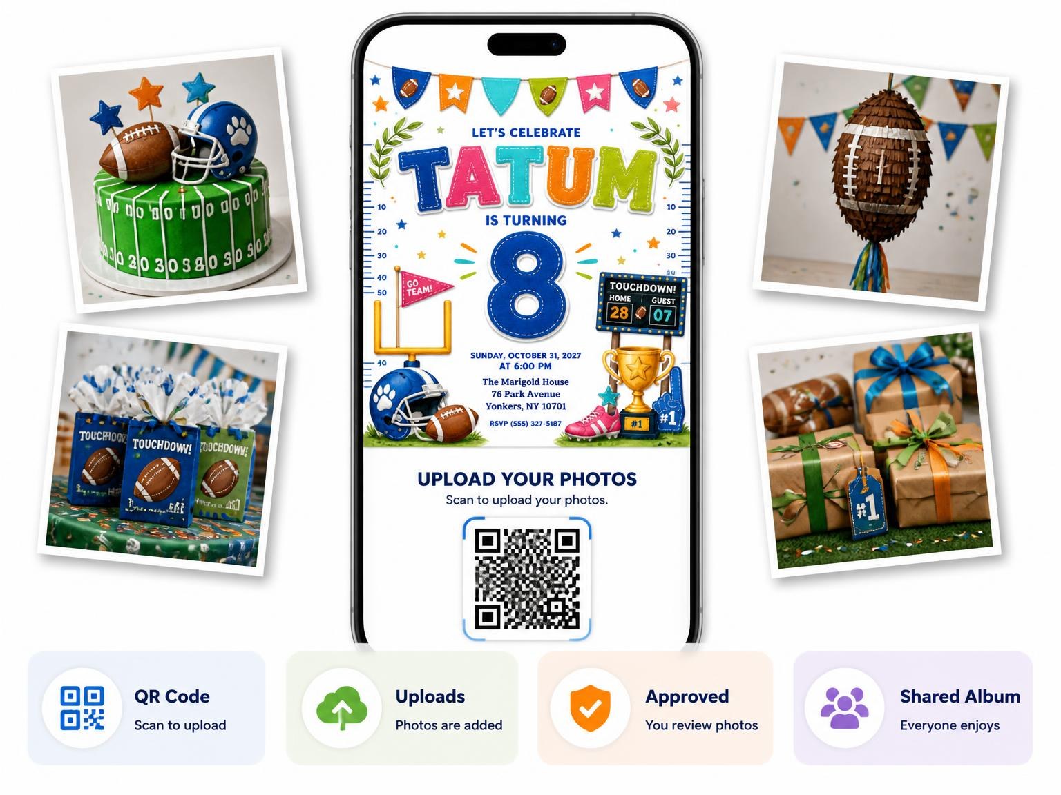 The shared photo gallery that comes with the Stitched Football 8th Birthday Invitation invitation