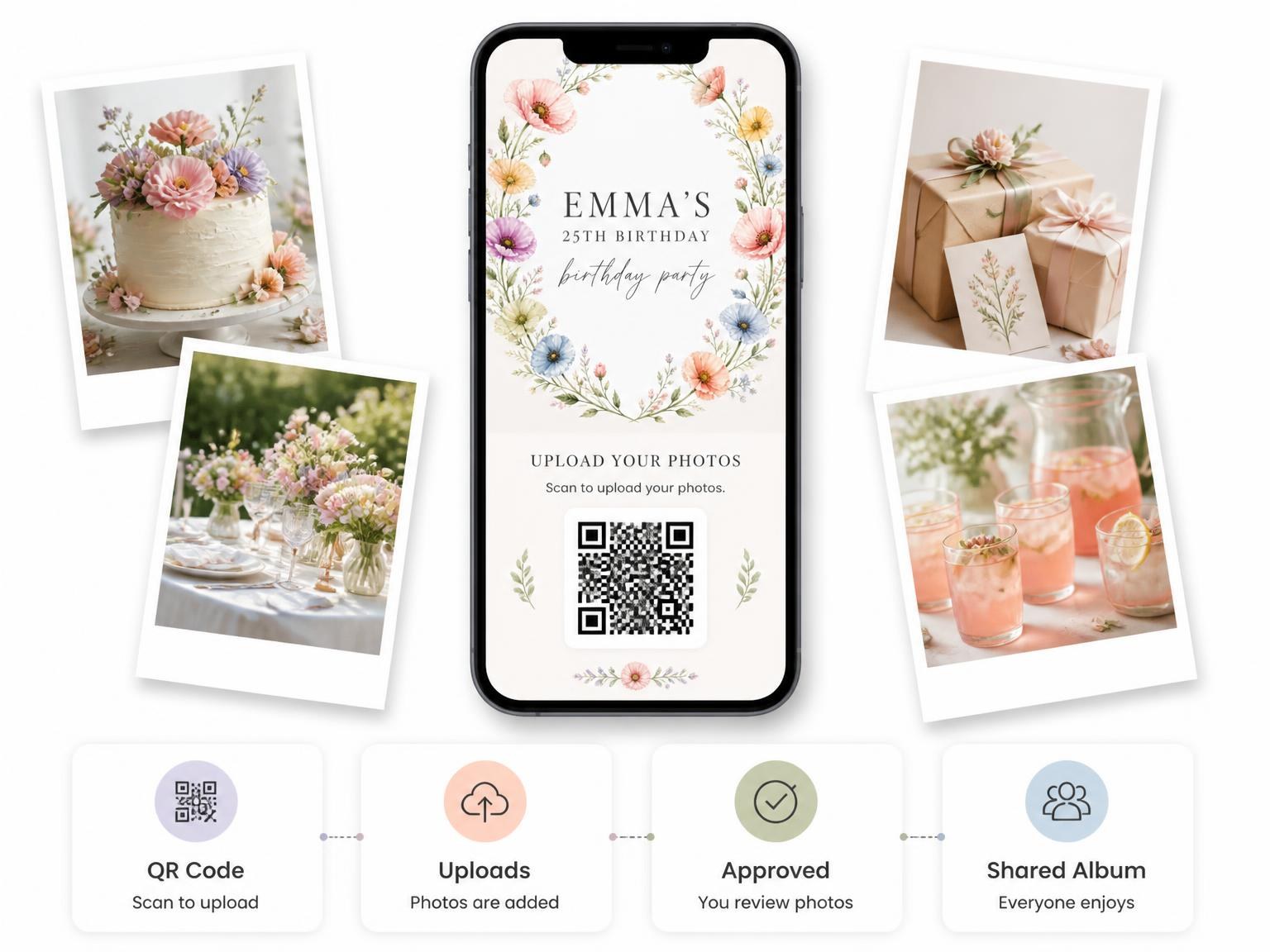 The shared photo gallery that comes with the Pastel Poppy Wreath 25th Birthday Invitation invitation