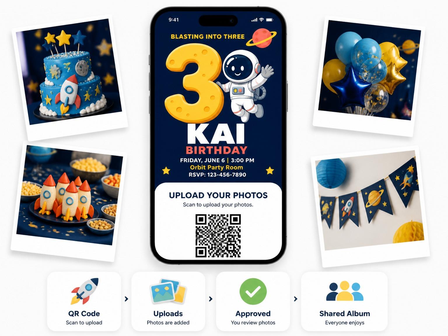 The shared photo gallery that comes with the Navy Astronaut Cartoon 3rd Birthday invitation