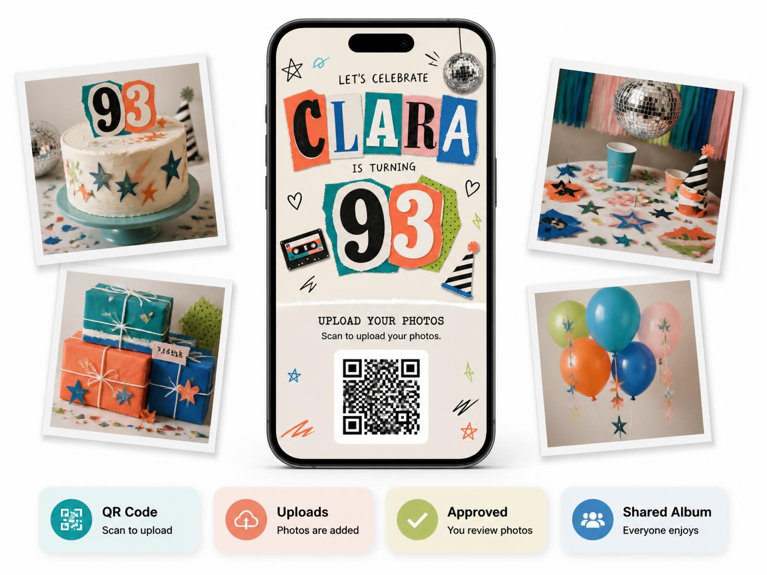 The shared photo gallery that comes with the Retro Paper Collage 93rd Birthday Invitation invitation