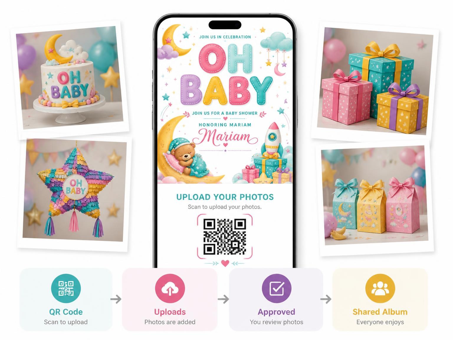The shared photo gallery that comes with the Rocket Ship Baby Shower Invitation invitation
