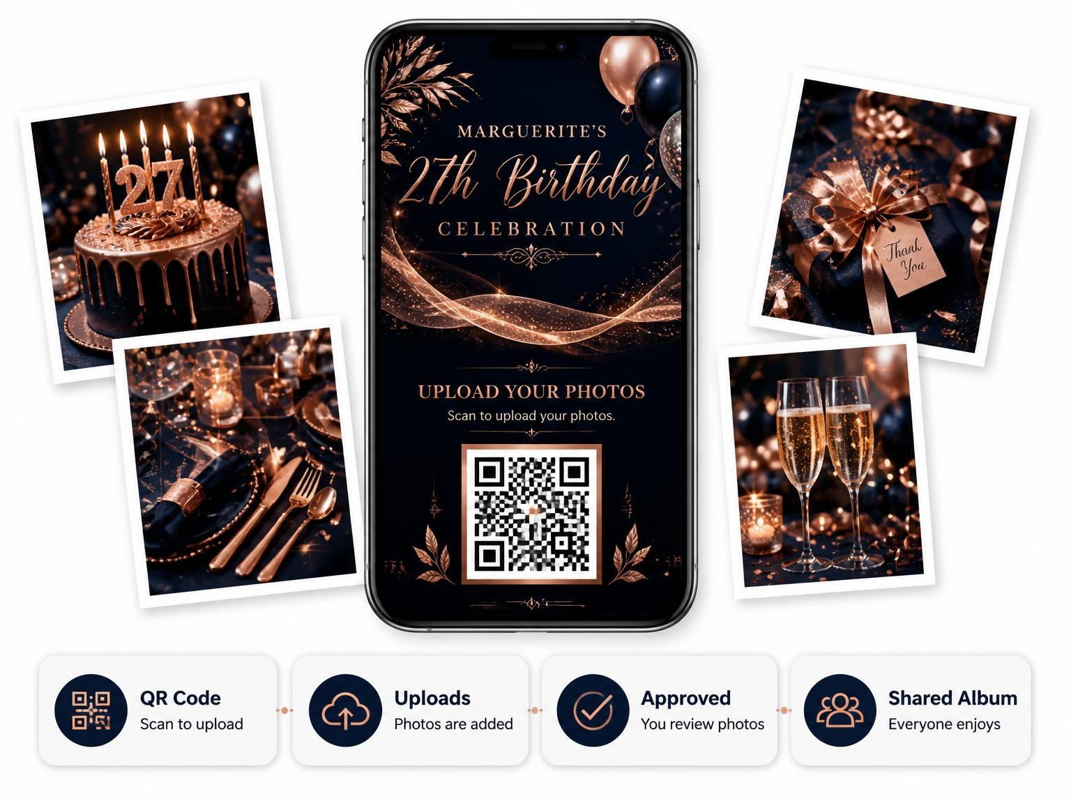 The shared photo gallery that comes with the Navy and Rose Gold 27th Birthday Invitation invitation