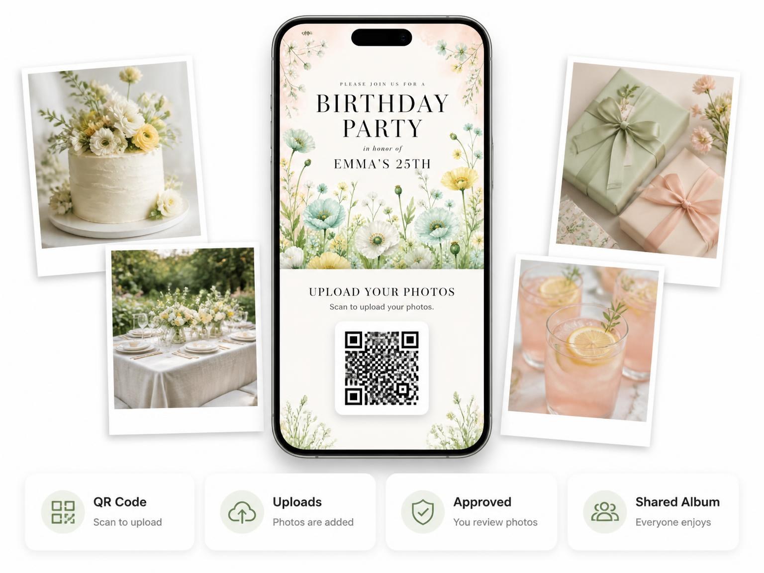 The shared photo gallery that comes with the Botanical Mint 25th Birthday Invitation invitation