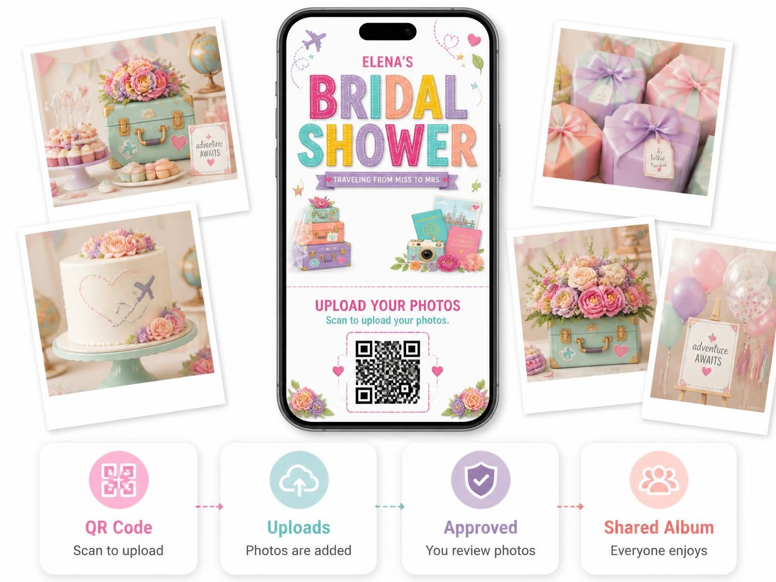 The shared photo gallery that comes with the Luggage Stack Bridal Shower Invitation invitation