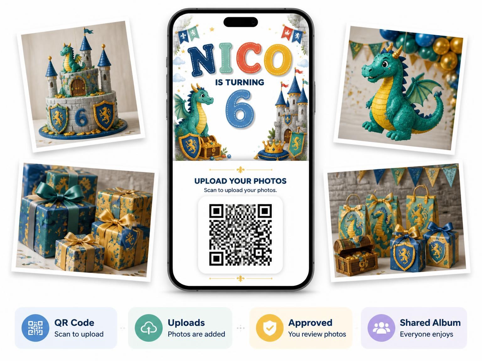 The shared photo gallery that comes with the Stitched Dragon Castle 6th Birthday Invitation invitation