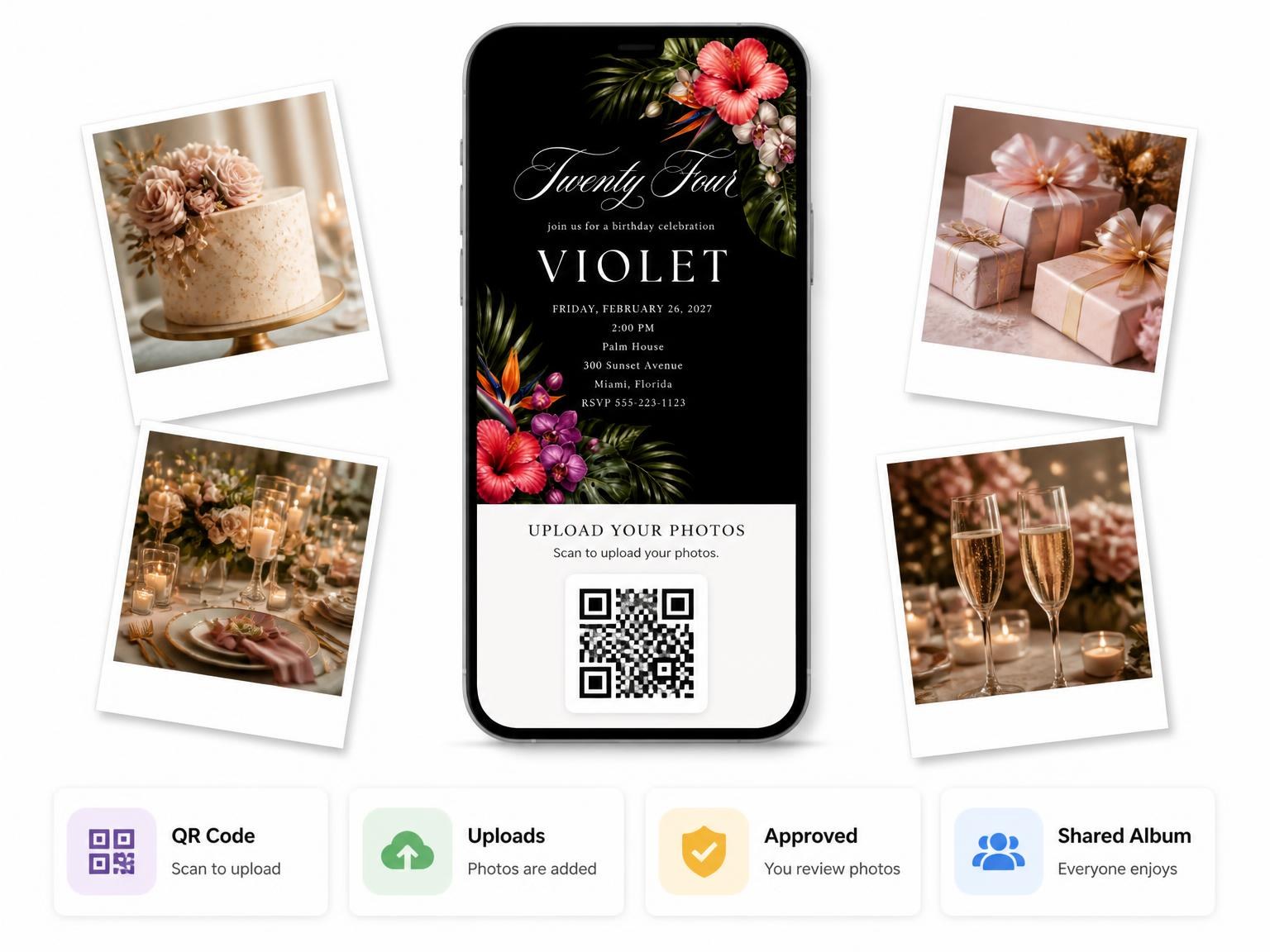 The shared photo gallery that comes with the Black Floral 24th Birthday Invitation invitation