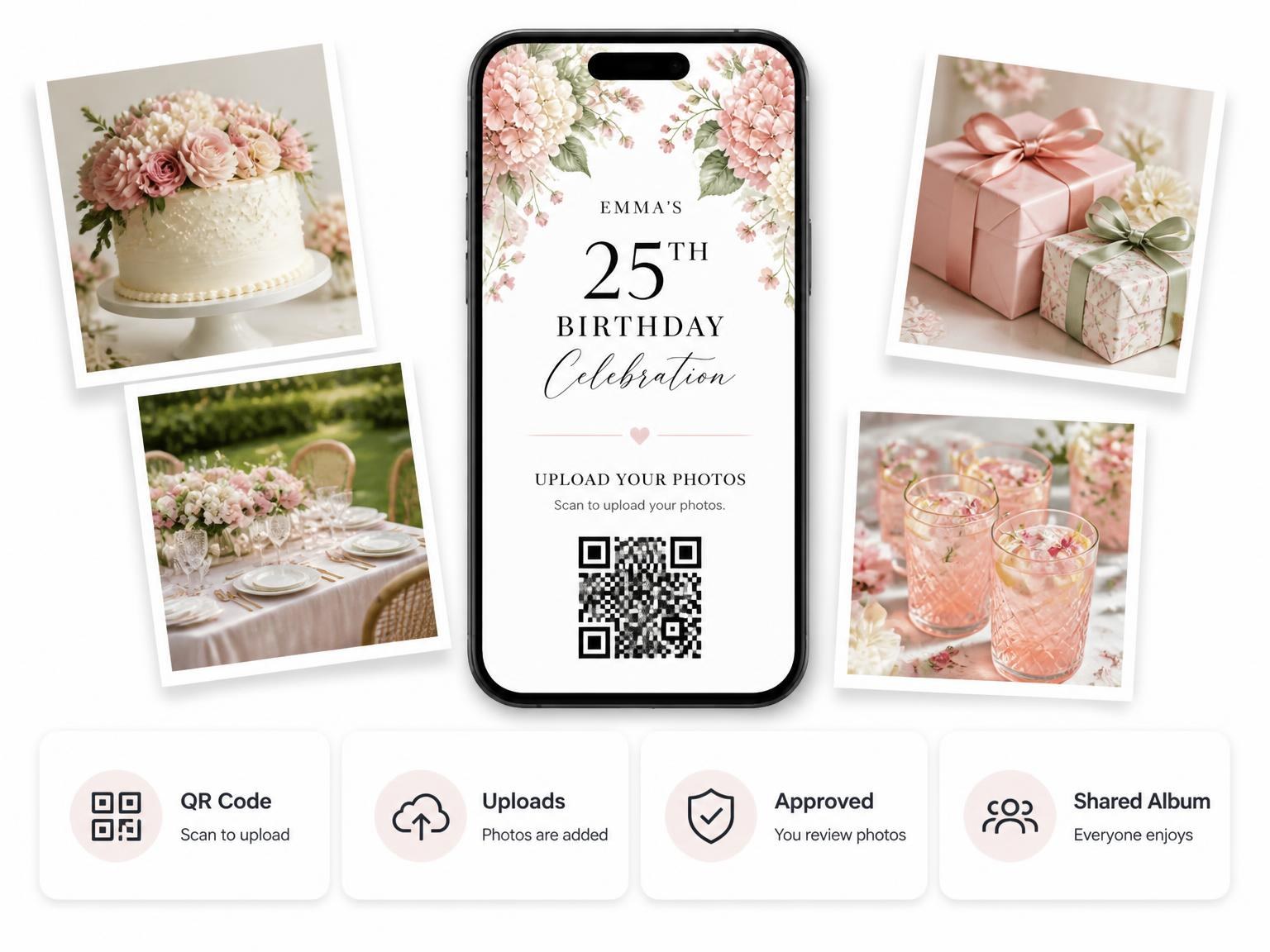 The shared photo gallery that comes with the Hydrangea Foliage Blush 25th Birthday Invitation invitation