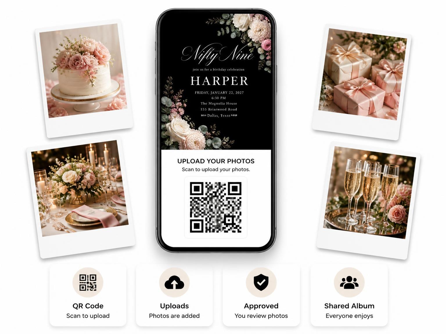 The shared photo gallery that comes with the Black Floral 9th Birthday Invitation invitation