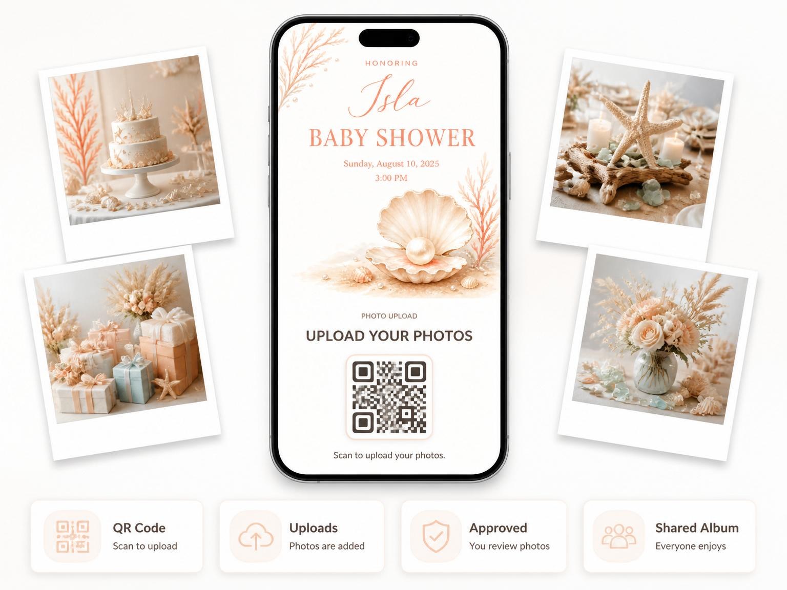 The shared photo gallery that comes with the Dusty Pink Coastal Pearl Baby Shower invitation