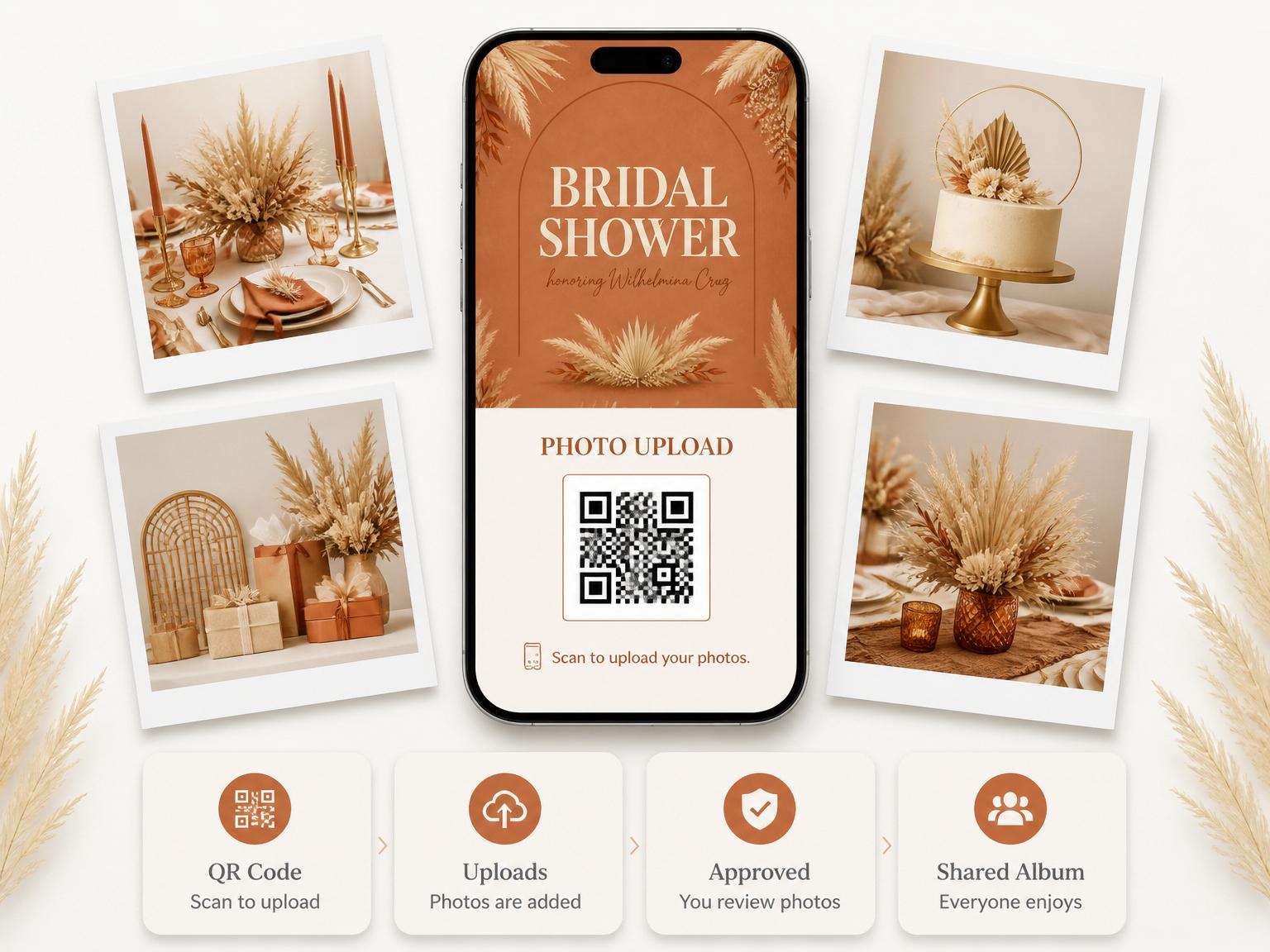 The shared photo gallery that comes with the Terracotta Pampas Grass Bridal Shower invitation