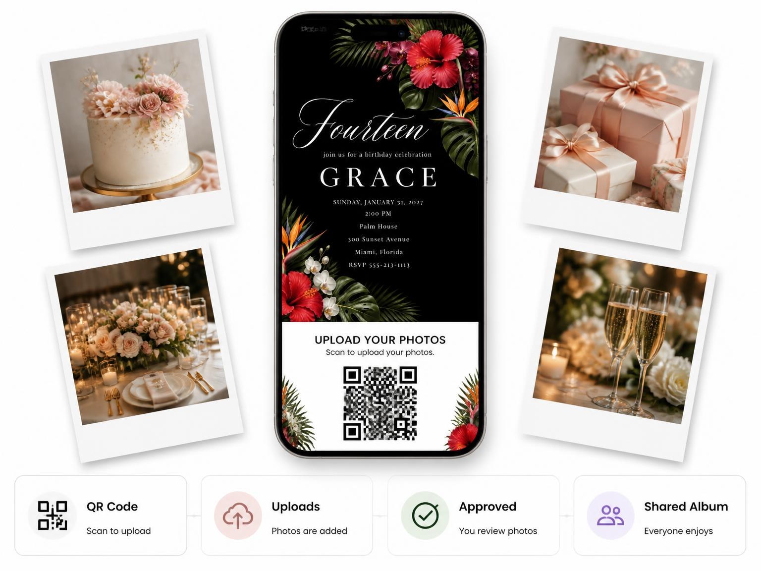 The shared photo gallery that comes with the Black Floral 14th Birthday Invitation invitation