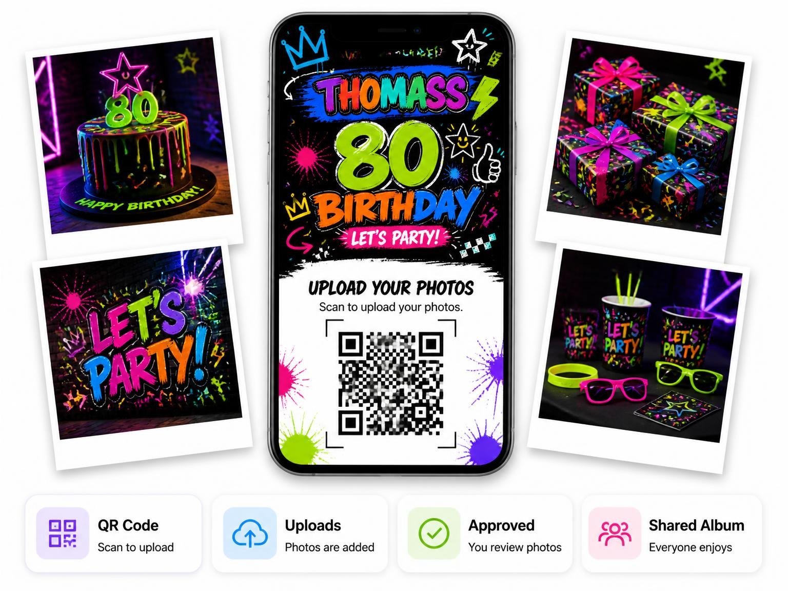 The shared photo gallery that comes with the Graffiti Street Art 80th Birthday Invitation invitation