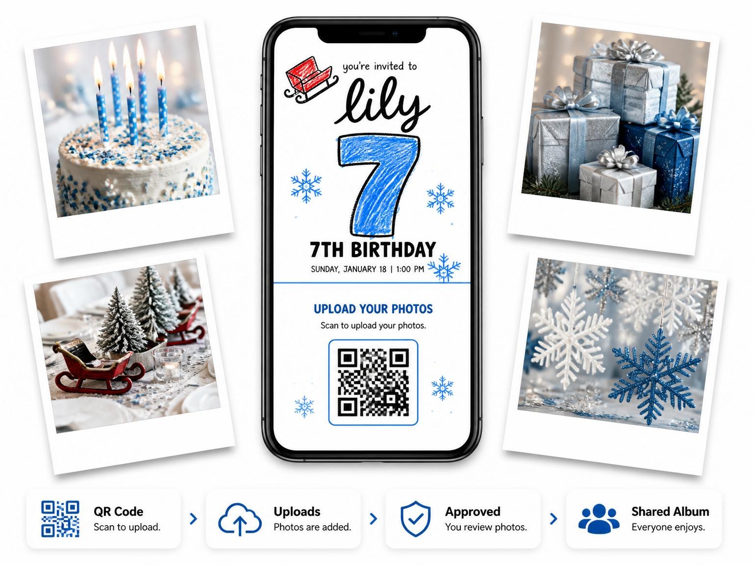 The shared photo gallery that comes with the Crayon Sled and Snowflake 7th Birthday invitation