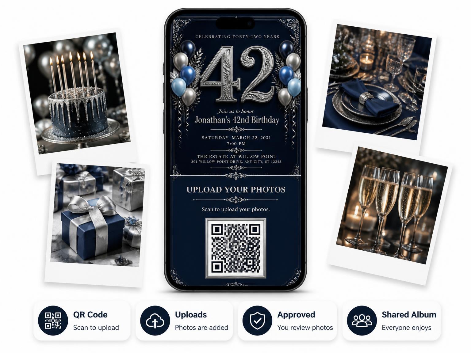 The shared photo gallery that comes with the Navy and Silver 42nd Birthday Invitation invitation