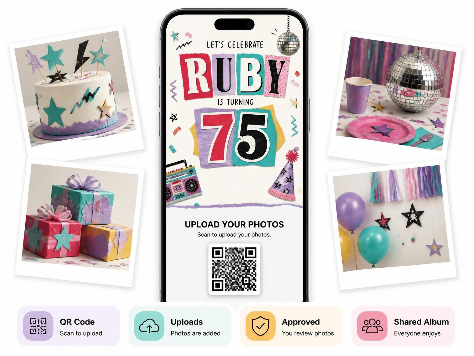 The shared photo gallery that comes with the Retro Paper Collage 75th Birthday Invitation invitation